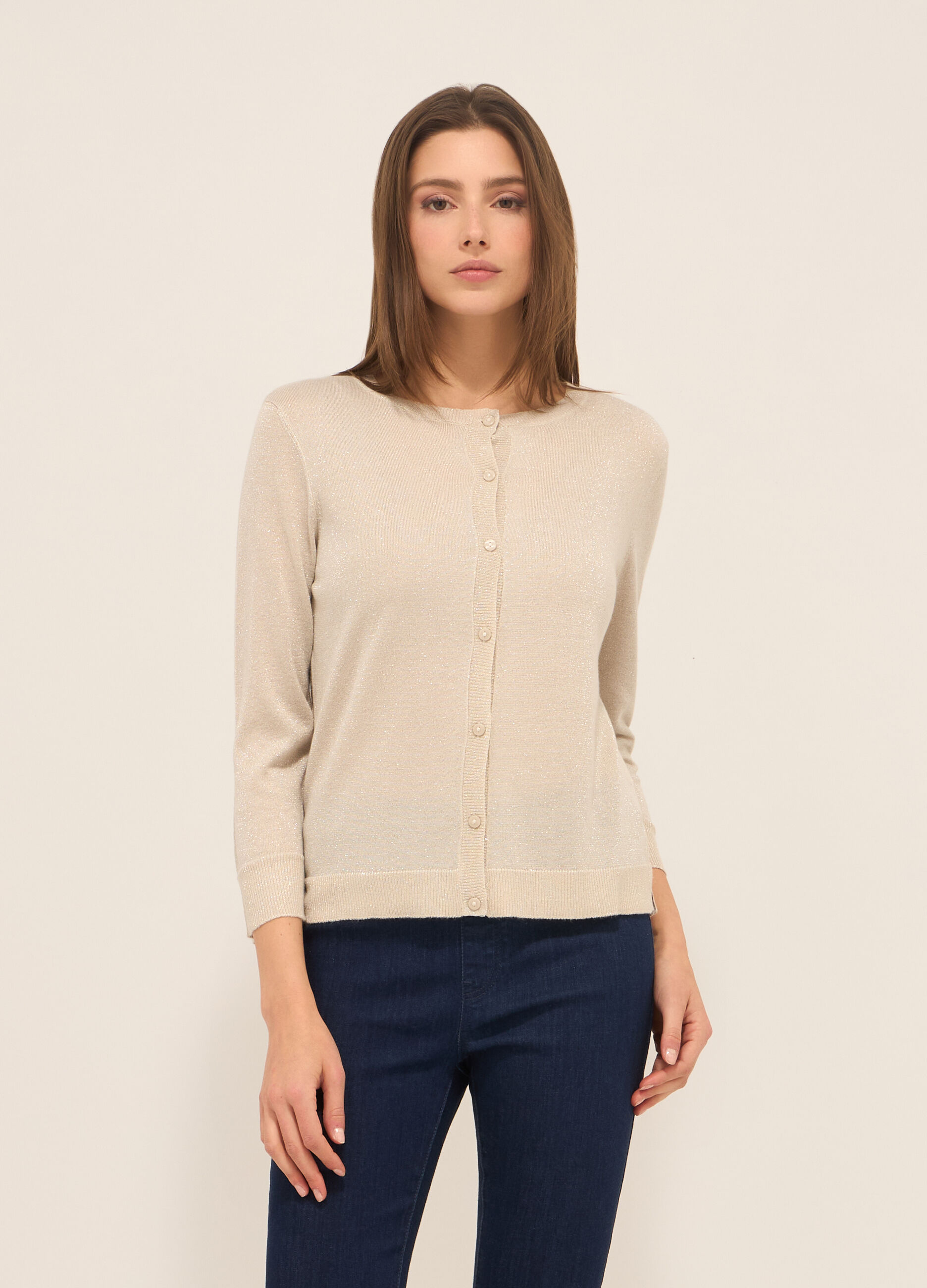 Cardigan tricot in misto viscosa e filo lurex donna