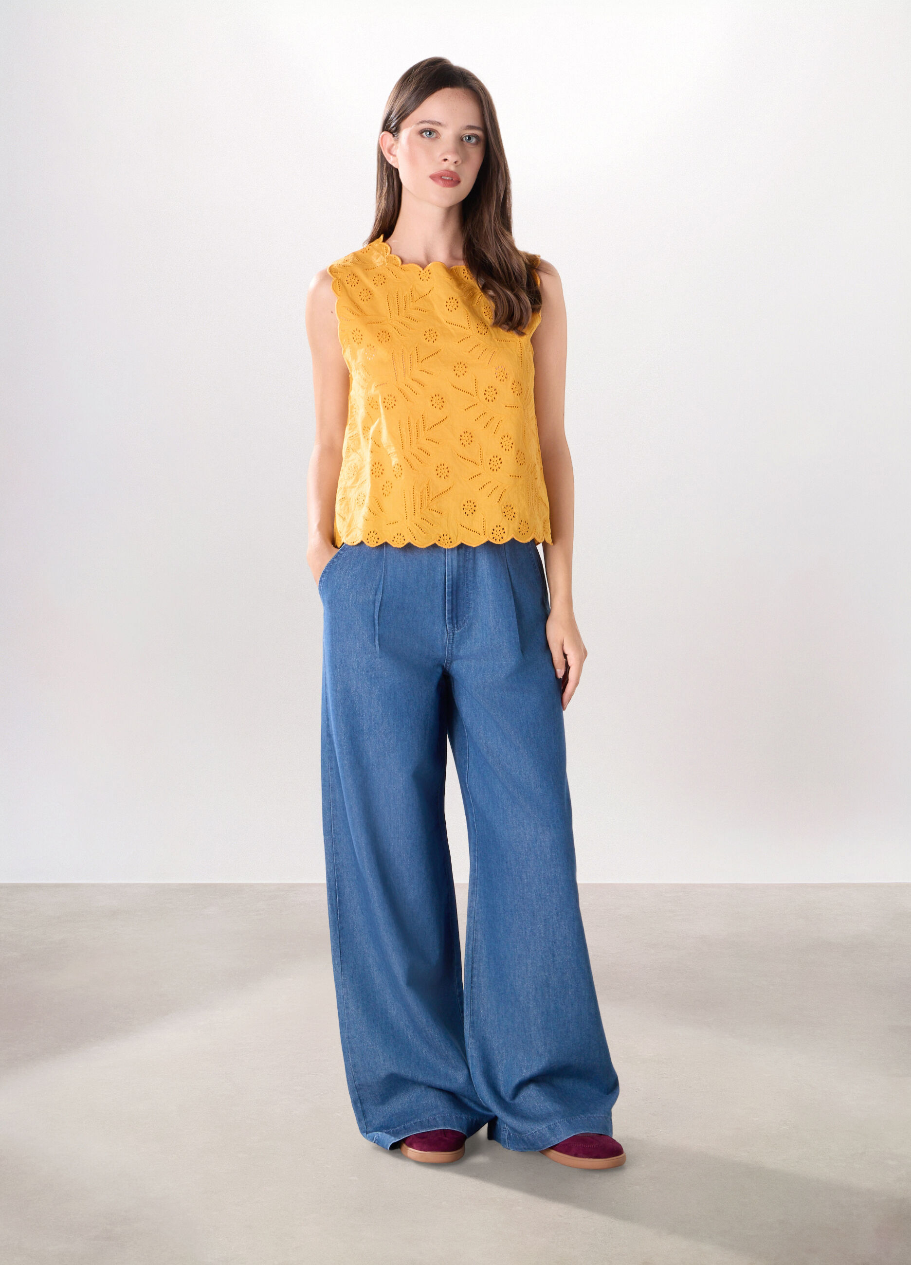 Pantaloni wide leg in denim di misto cotone donna
