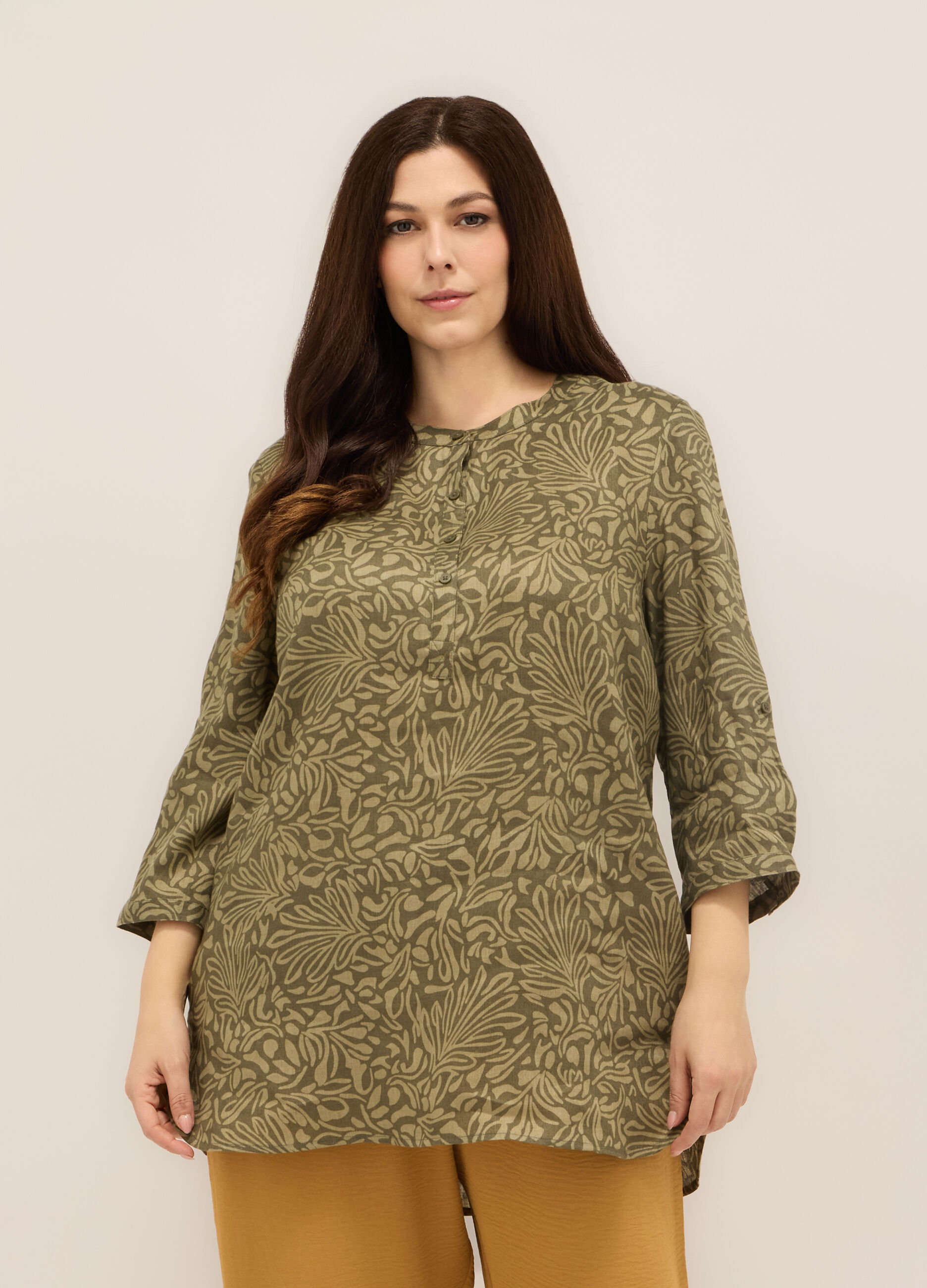 Blusa in puro lino con stampa donna curvy