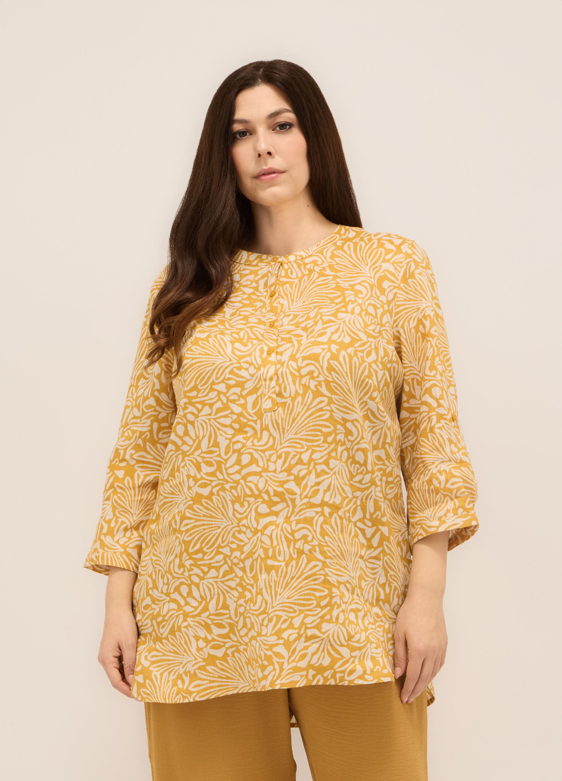 Blusa in puro lino con stampa donna curvy