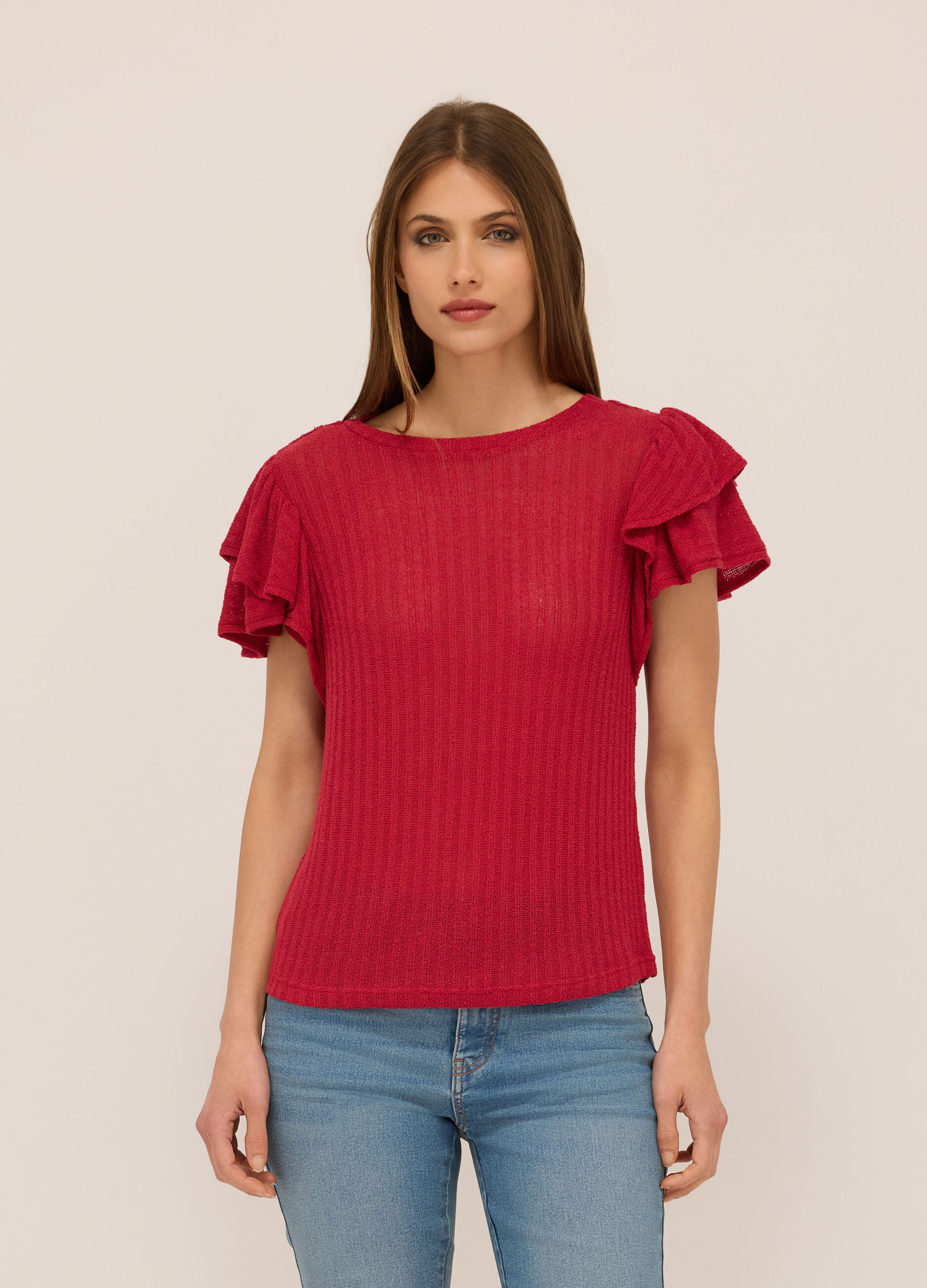 T-shirt in costina con rouches donna