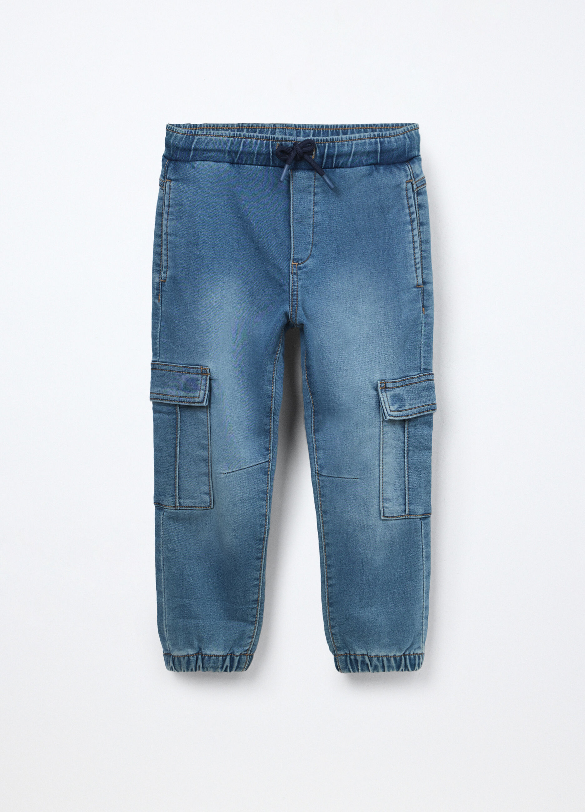 Jeans cargo pullo on in denim mercerizzato bambino