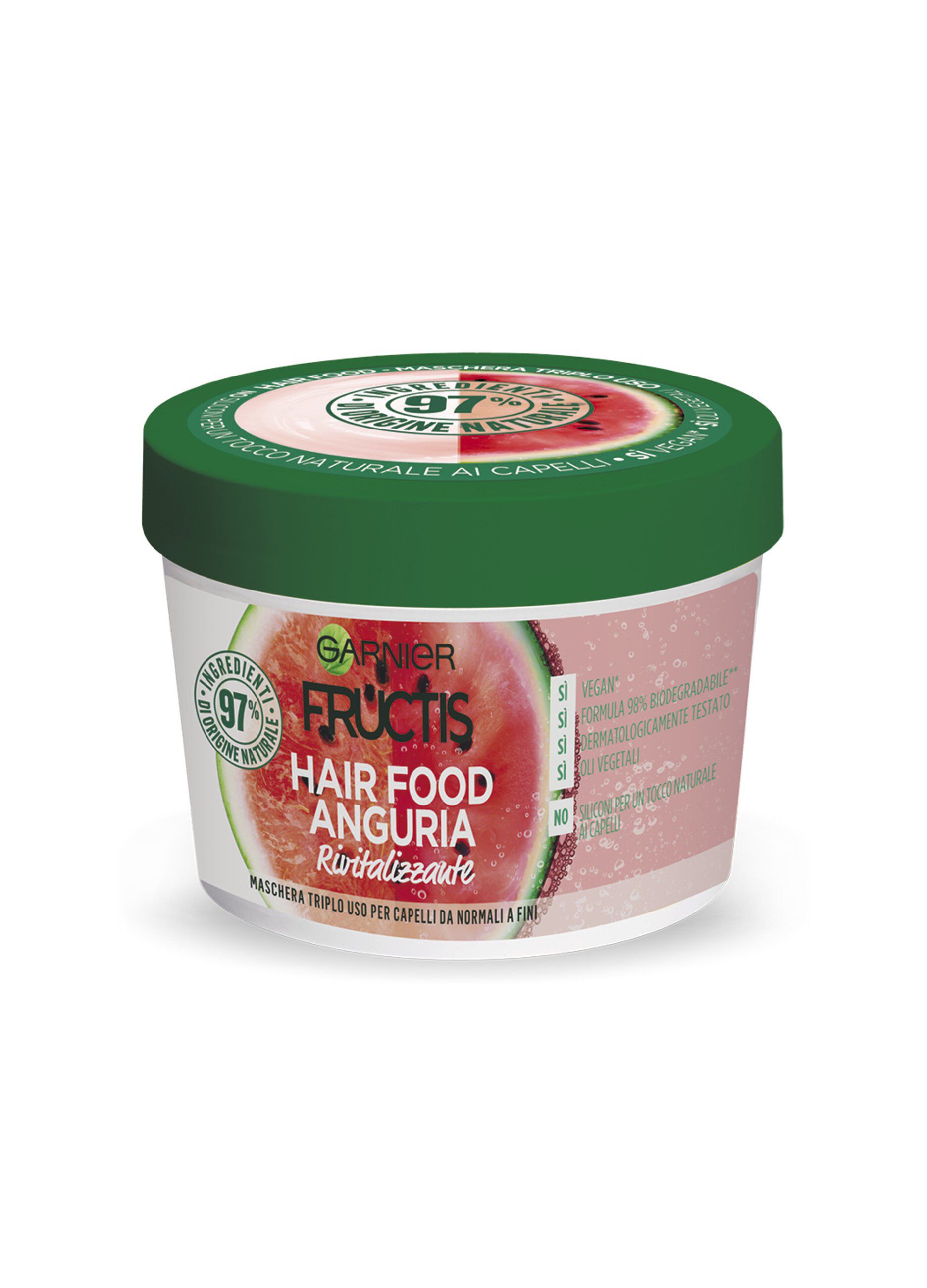 Garnier Fructis Hair Food Anguria Rivitalizzante, Maschera 3-in-1 per Capelli Fini, Balsamo, Maschera e Trattamento senza Risciacquo, 97% di Ingredienti di Origine Naturale, Senza Siliconi.