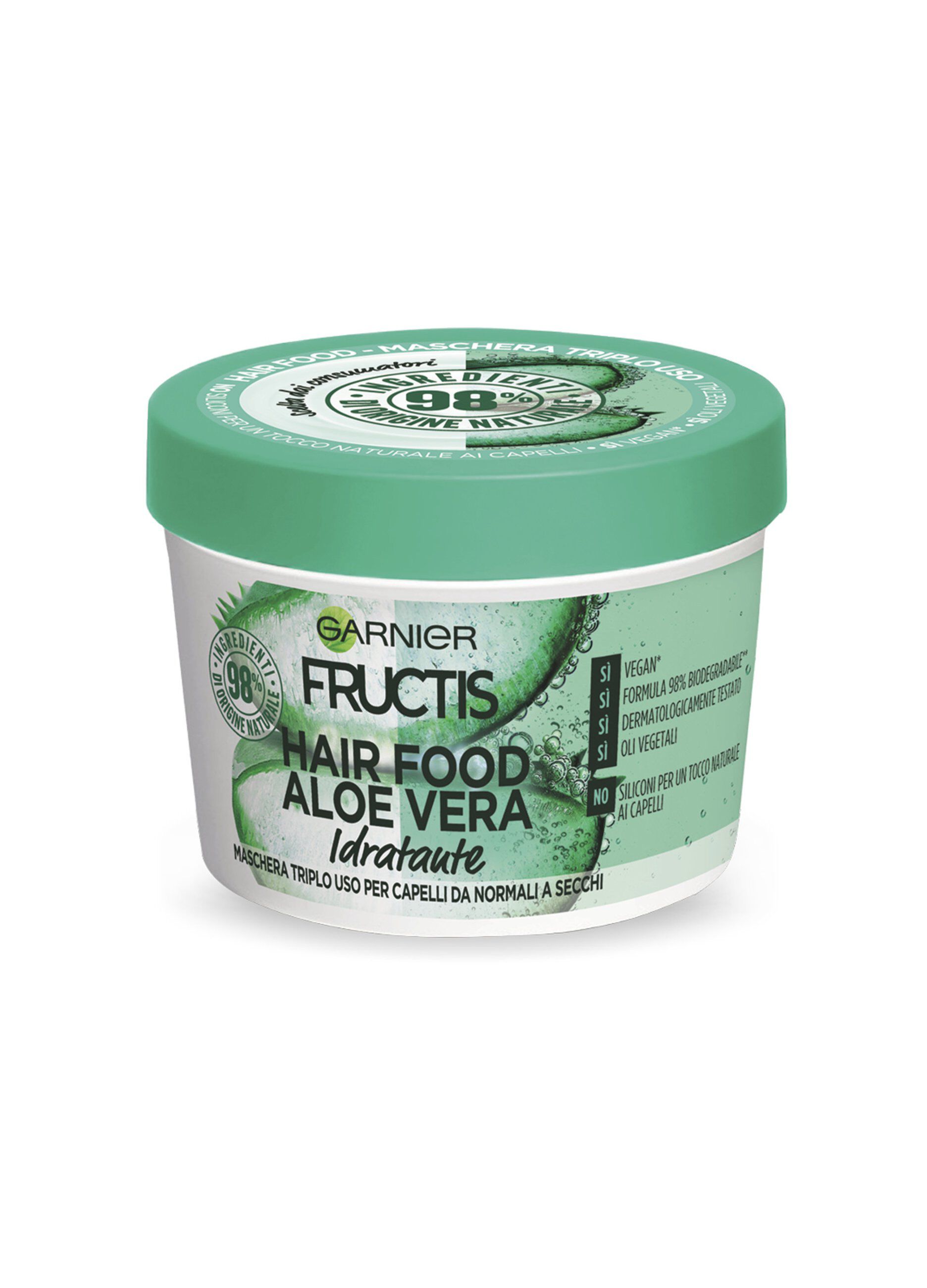 Garnier Maschera Idratante Fructis Hair Food, Maschera Riparatrice 3 in 1 con Formula Vegana per Capelli normali, Aloe, 390 ml.