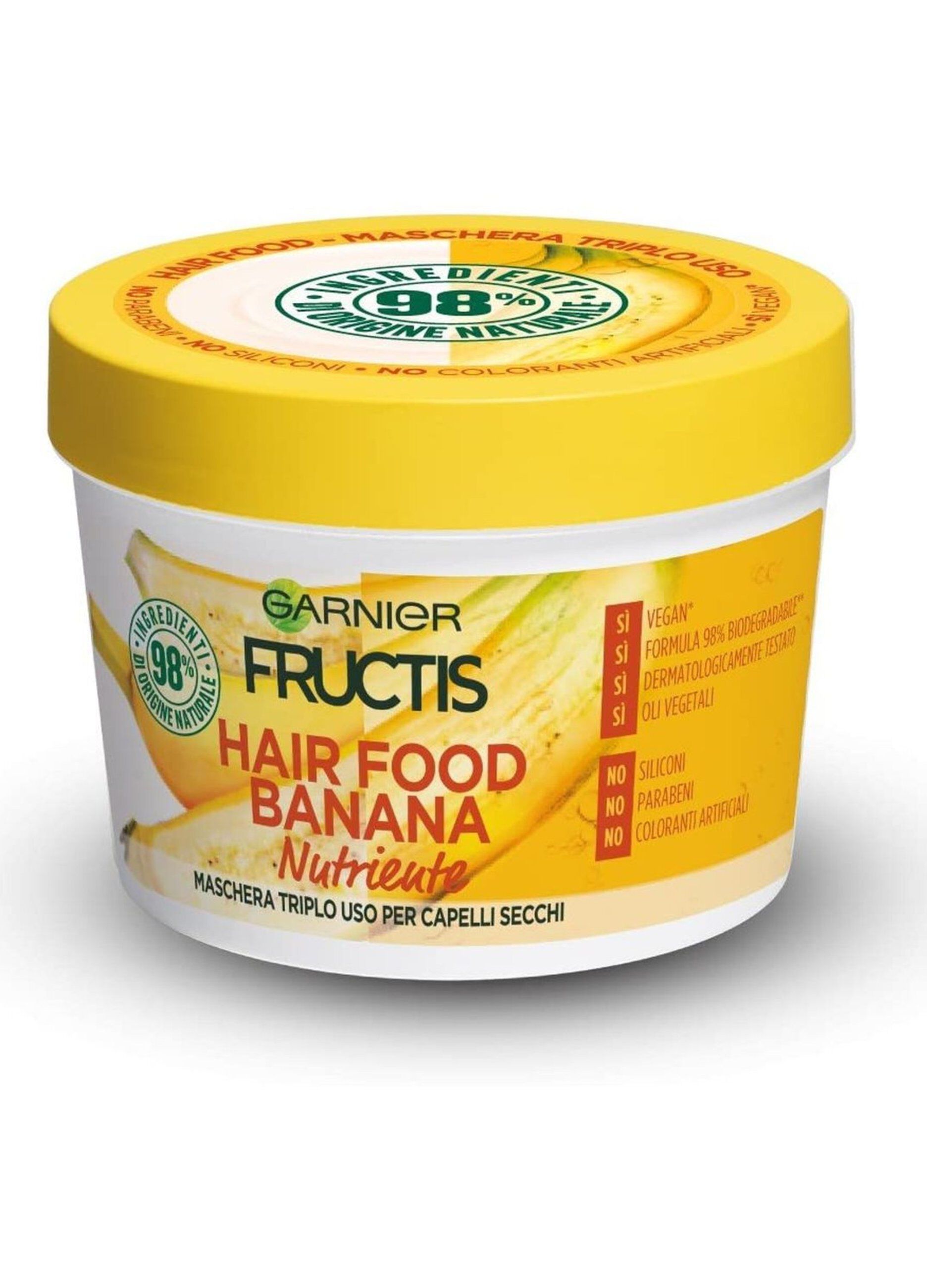 Garnier Maschera Nutriente Fructis Hair Food, Maschera disciplinante 3in1 con formula vegana per capelli secchi, Banana, 390 ml.