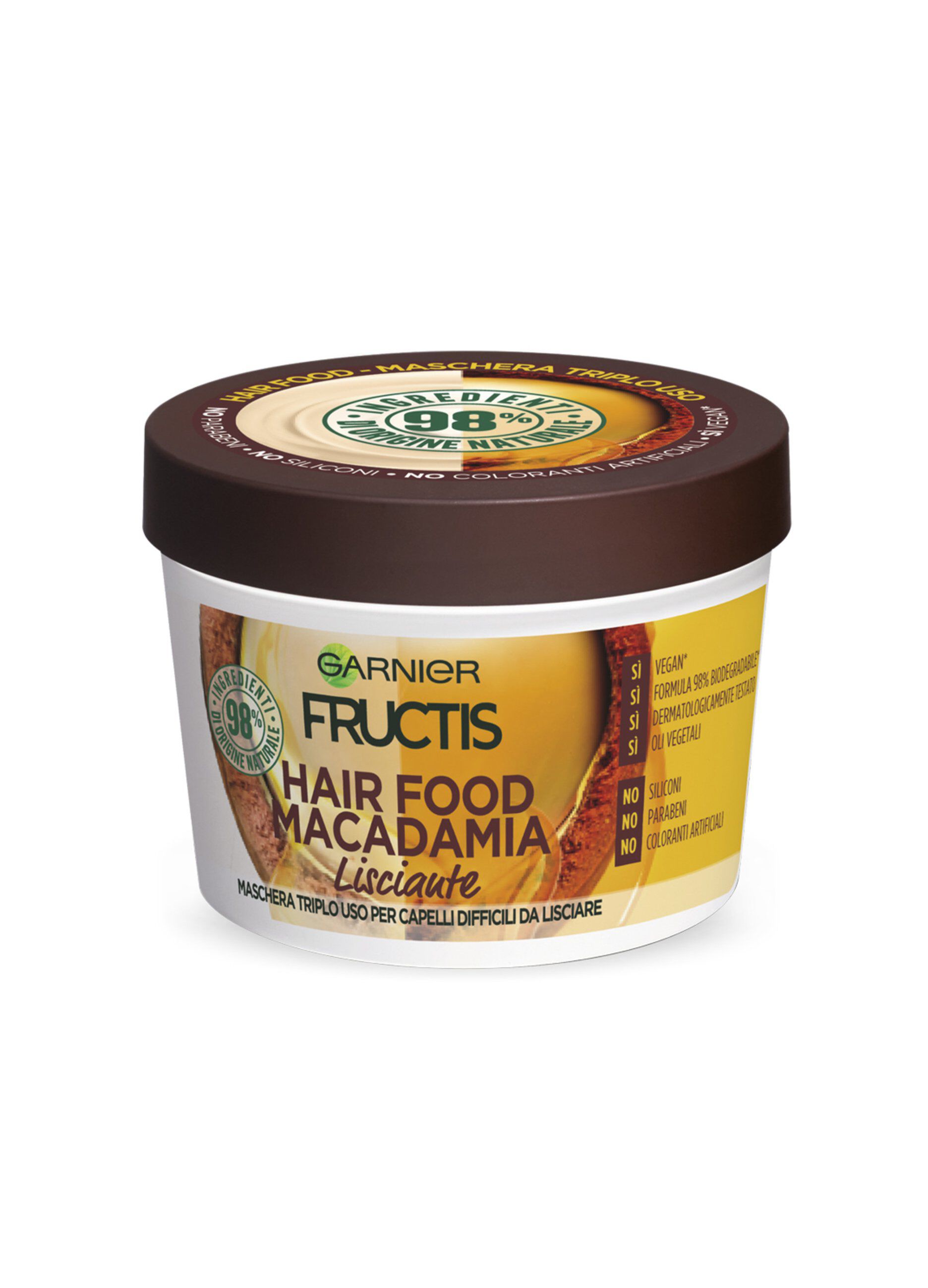 Garnier Maschera Lisciante Fructis Hair Food, Maschera disciplinante 3in1 con formula vegana per capelli difficili da lisciare, Macadamia, 390 ml.