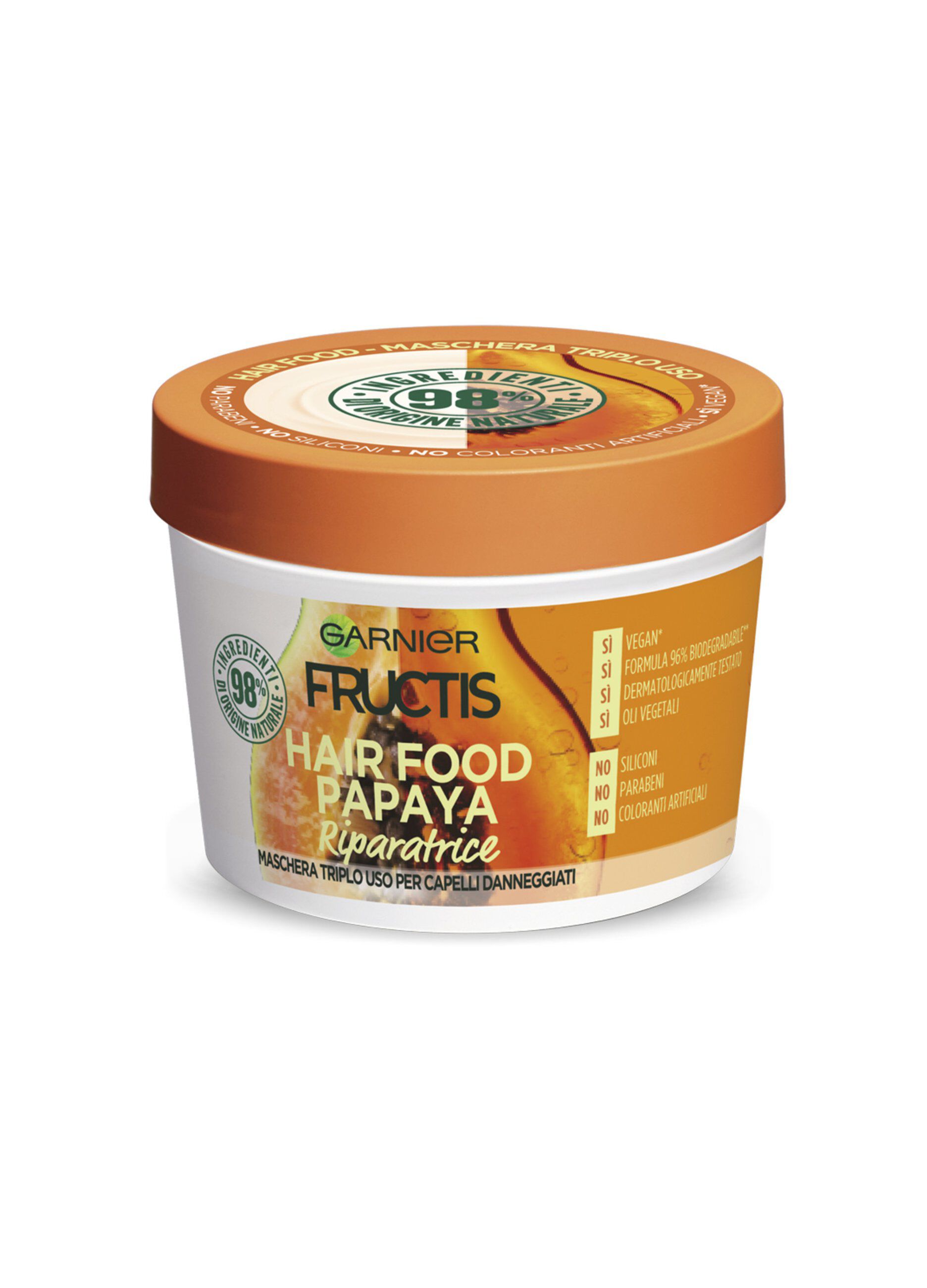 Garnier Maschera Riparatrice Fructis Hair Food, Maschera riparatrice 3in1 con formula vegana per capelli danneggiati, Papaya, 390 ml.