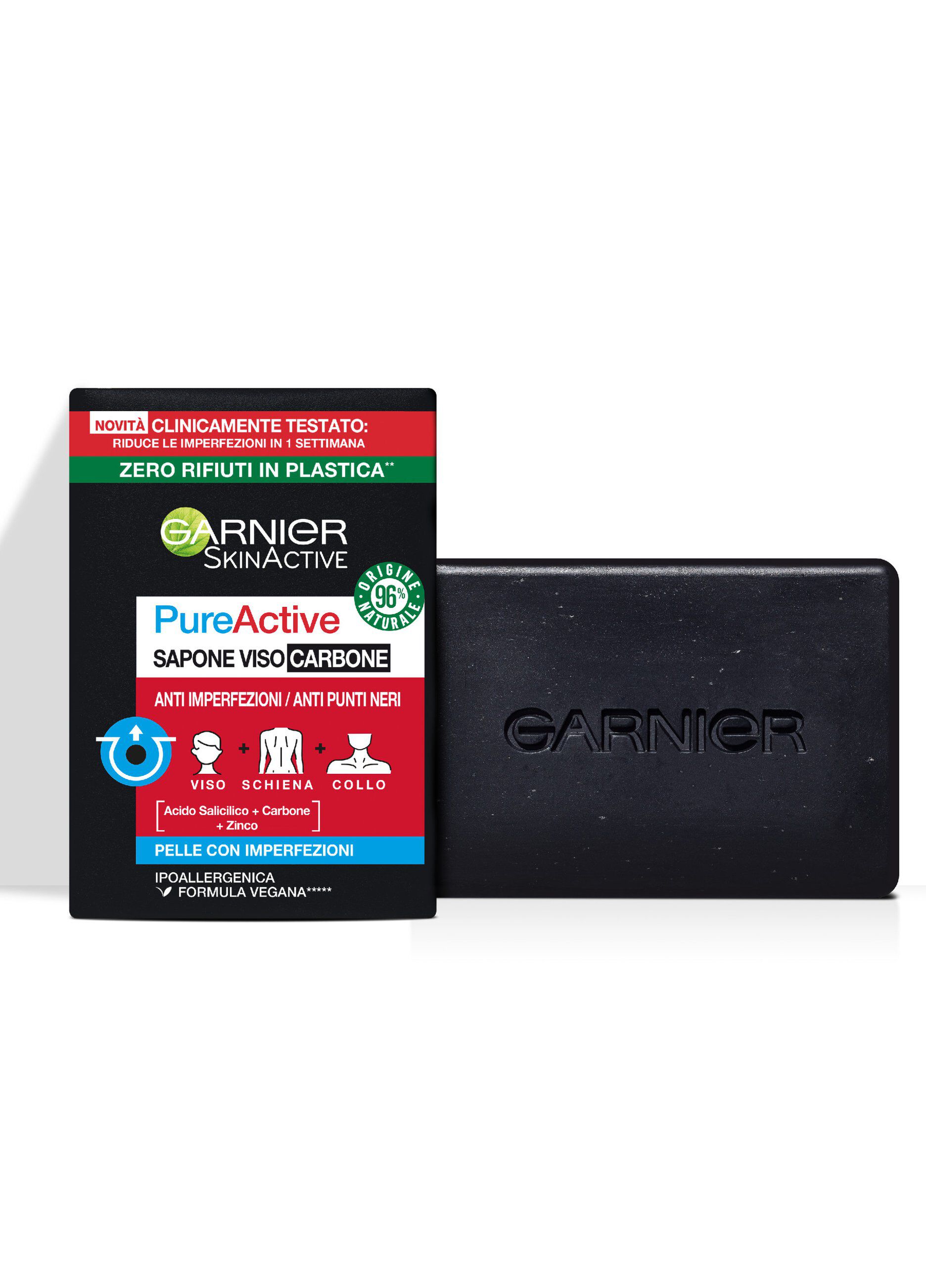 Garnier PureActive Sapone viso e corpo al carbone, Anti-imperfezioni, Formula vegana con 98% di ingredienti naturali, 100 g.