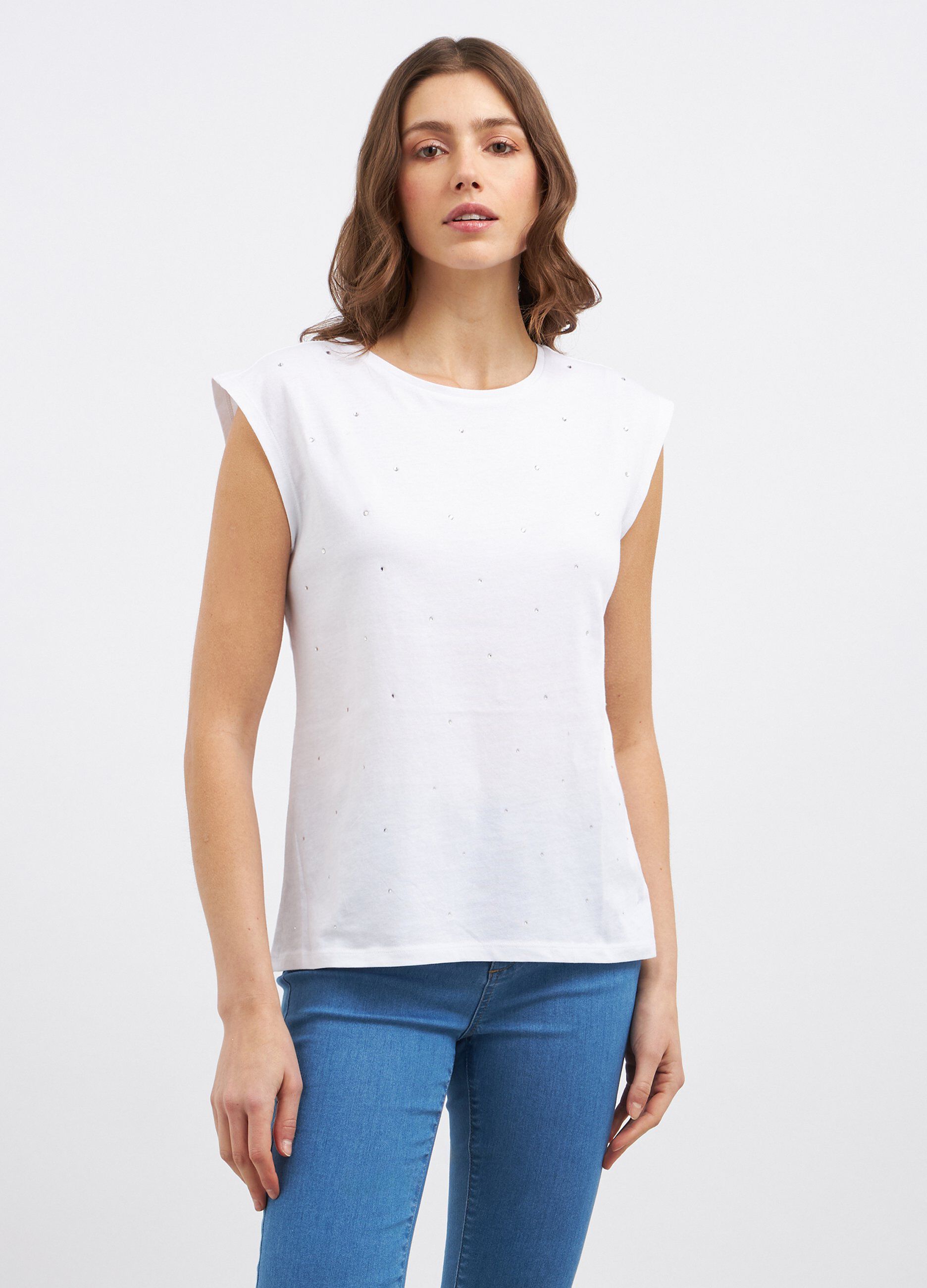 T-shirt smanicata in puro cotone con strass donna