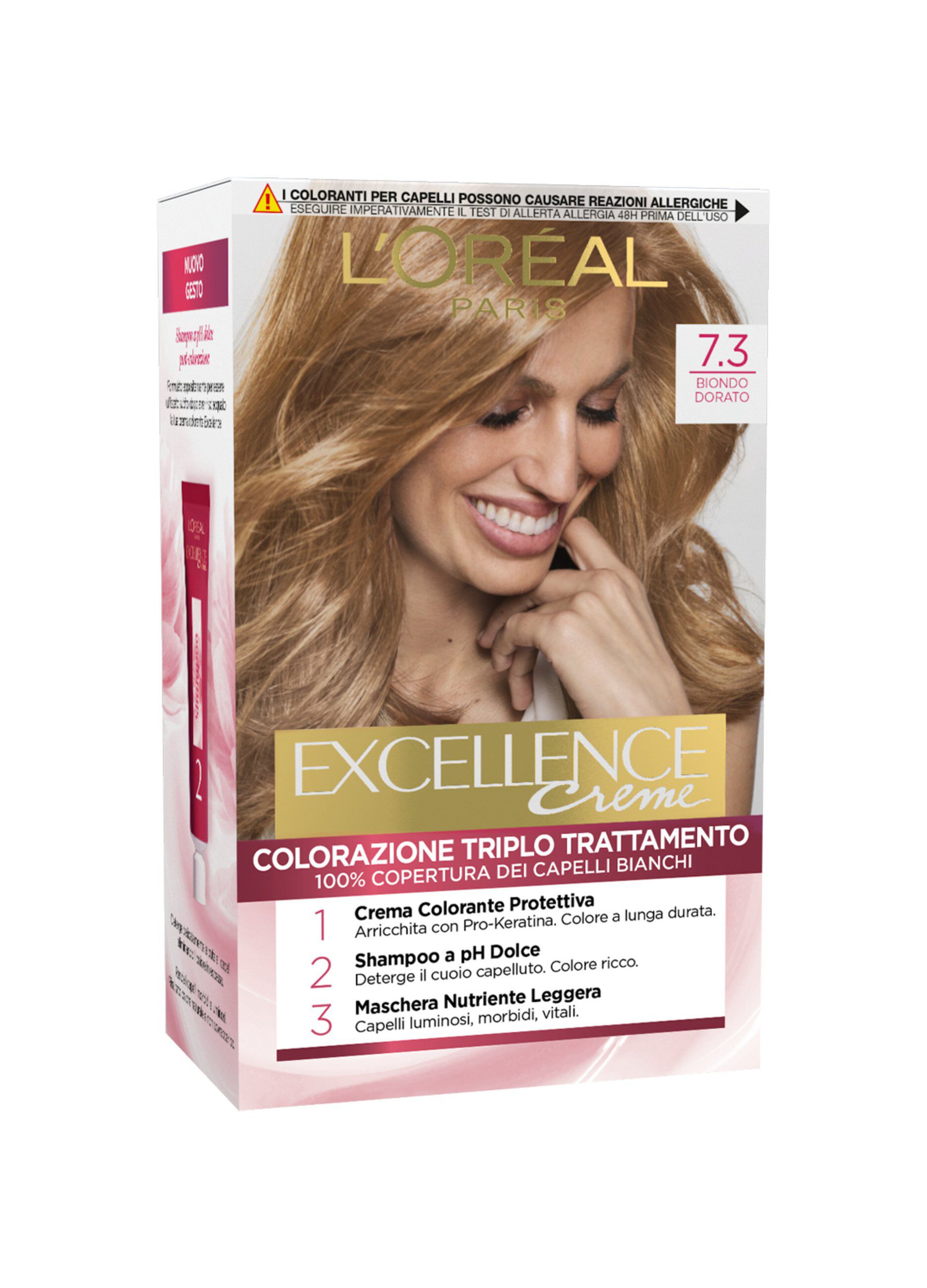 L'OrÃ©al Paris Tinta Capelli Excellence, Copre i capelli bianchi, colore ricco, luminoso e a lunga durata, 7.3 Biondo Dorato.