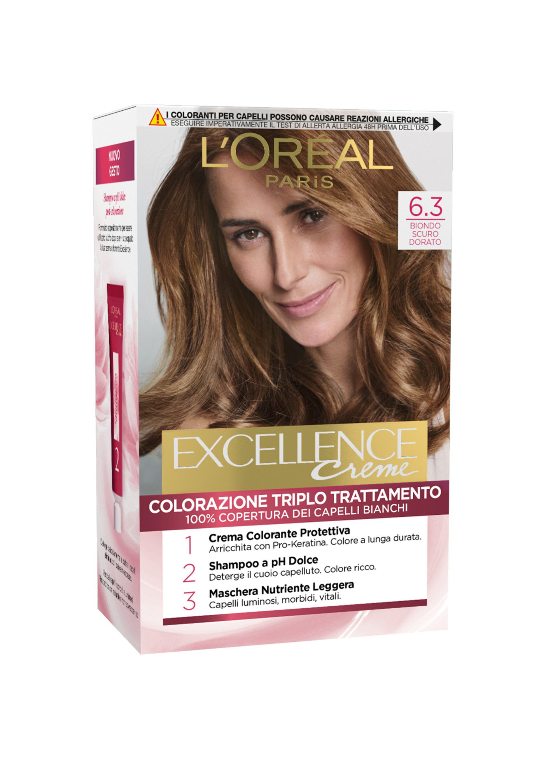 L'OrÃ©al Paris Tinta Capelli Excellence, Copre i capelli bianchi, colore ricco, luminoso e a lunga durata, 6.3 Biondo Scuro Dorato.
