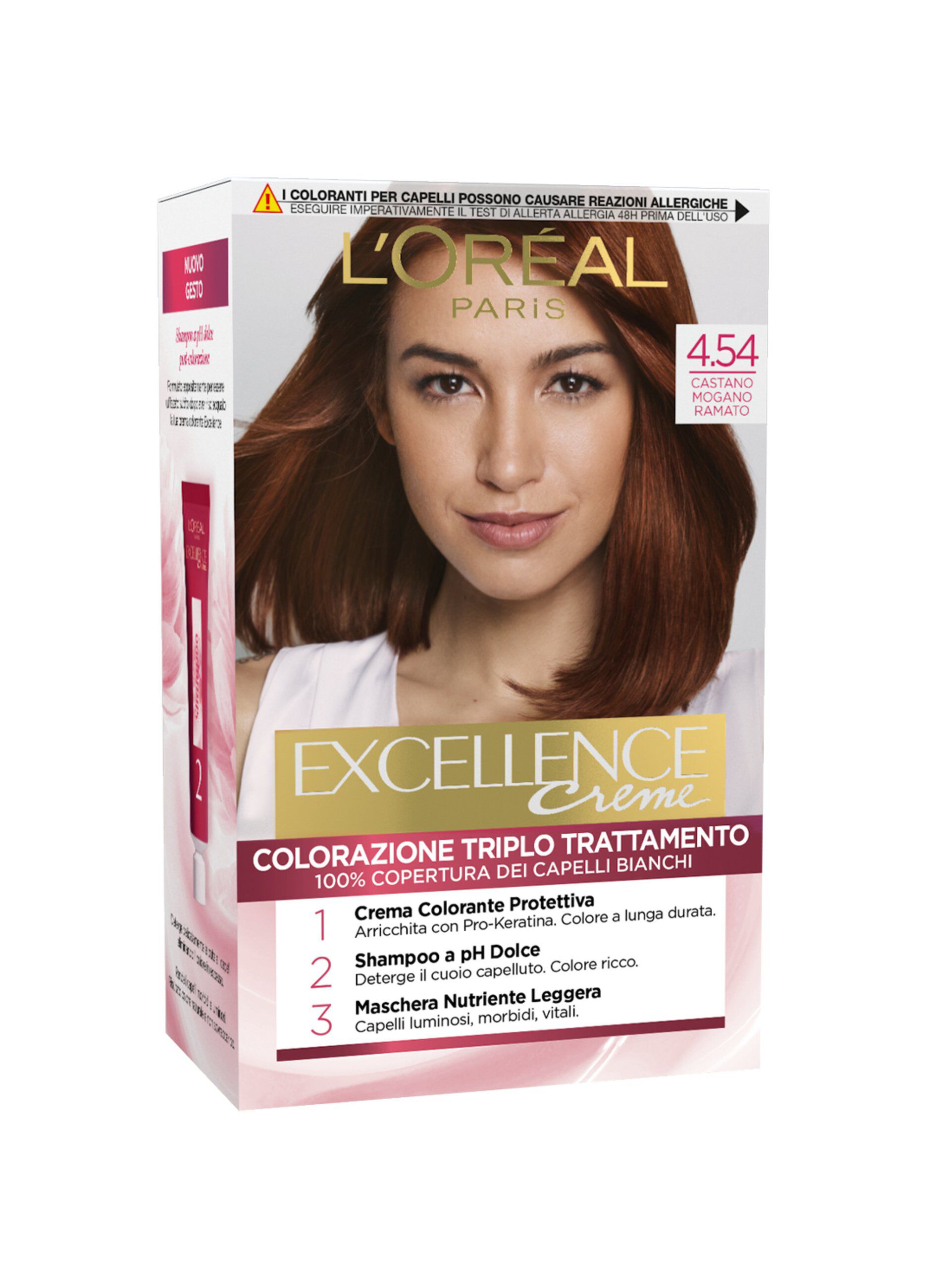 L'OrÃ©al Paris Tinta Capelli Excellence, Copre i capelli bianchi, colore ricco, luminoso e a lunga durata, 4.54 Castano Mogano Ramato.