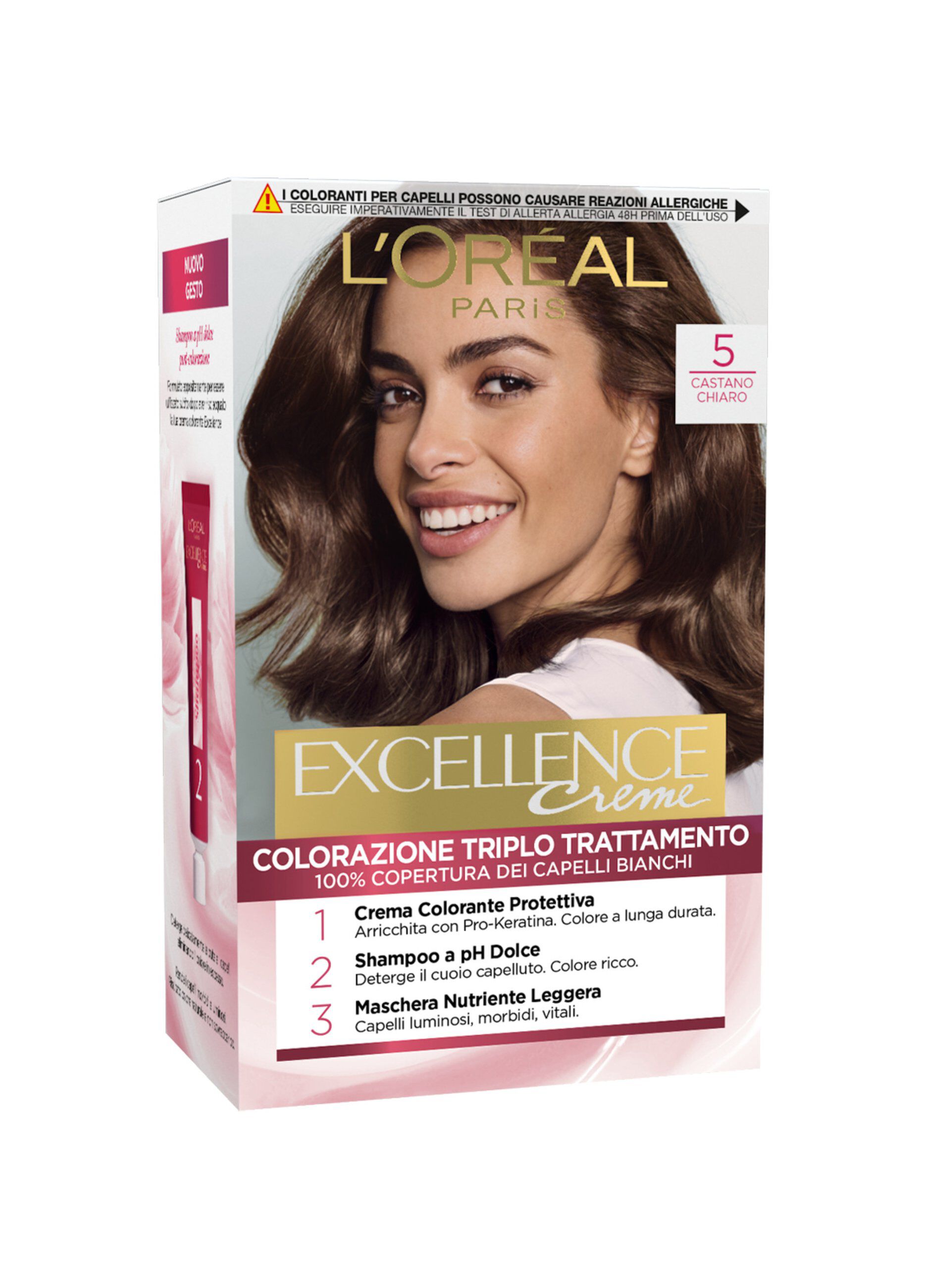 L'OrÃ©al Paris Tinta Capelli Excellence, Copre i capelli bianchi, colore ricco, luminoso e a lunga durata, 5 Castano Chiaro.