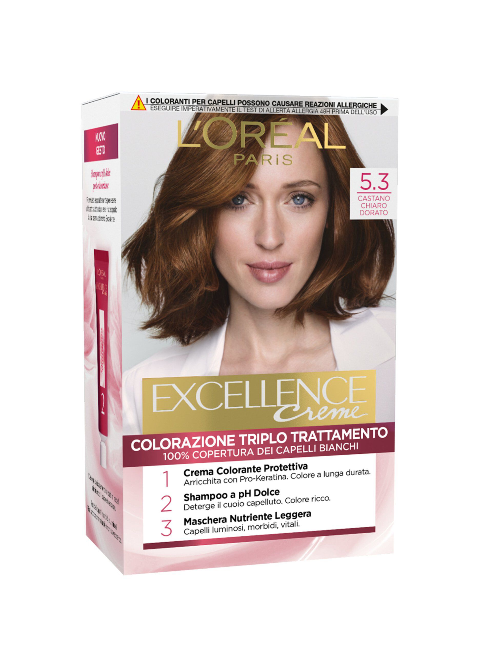 L'OrÃ©al Paris Tinta Capelli Excellence, Copre i capelli bianchi, colore ricco, luminoso e a lunga durata, 5.3 Castano Chiaro Dorato.