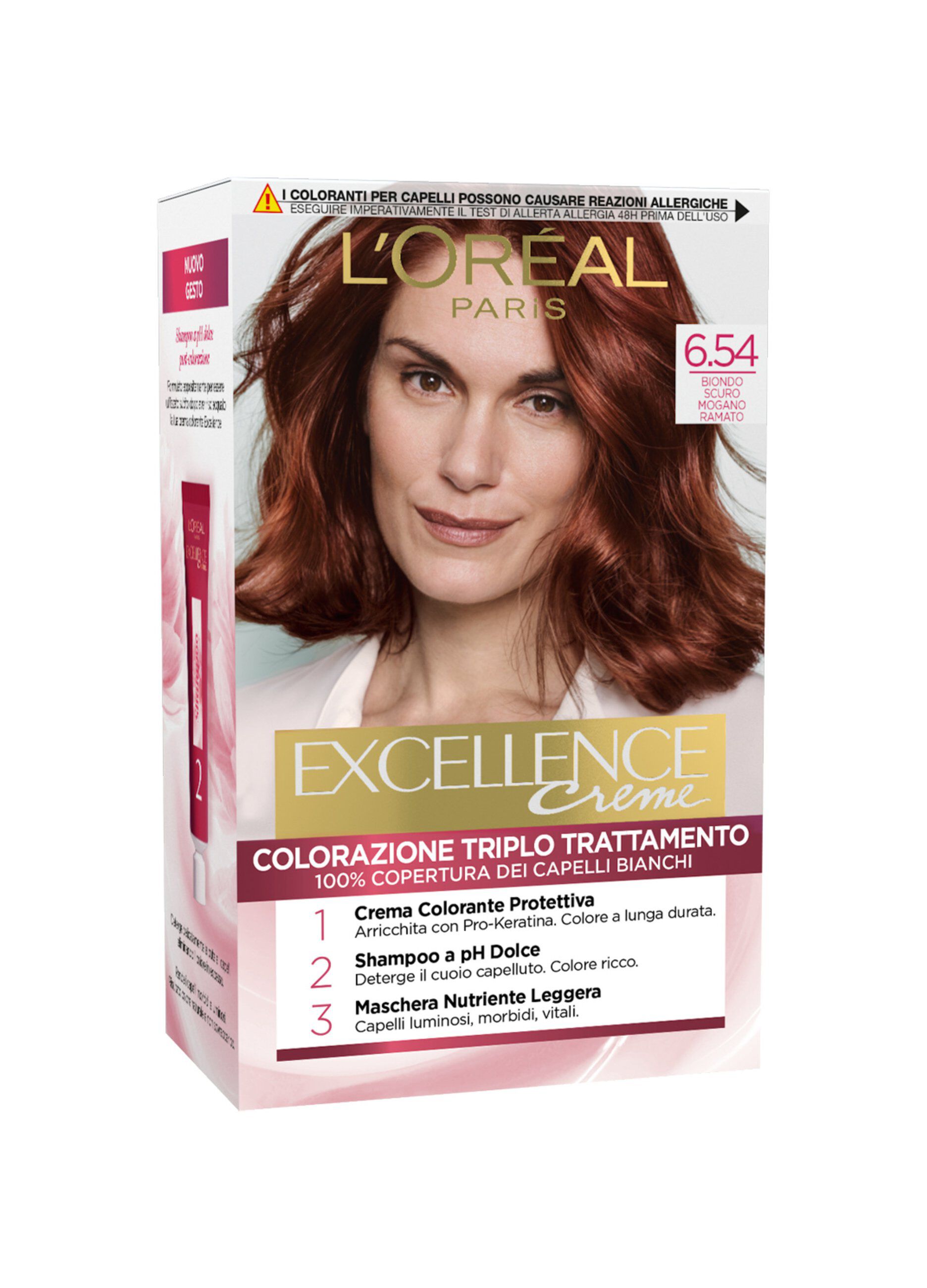 L'OrÃ©al Paris Tinta Capelli Excellence, Copre i capelli bianchi, colore ricco, luminoso e a lunga durata, 6.54 Biondo Scuro Mogano Ramato.