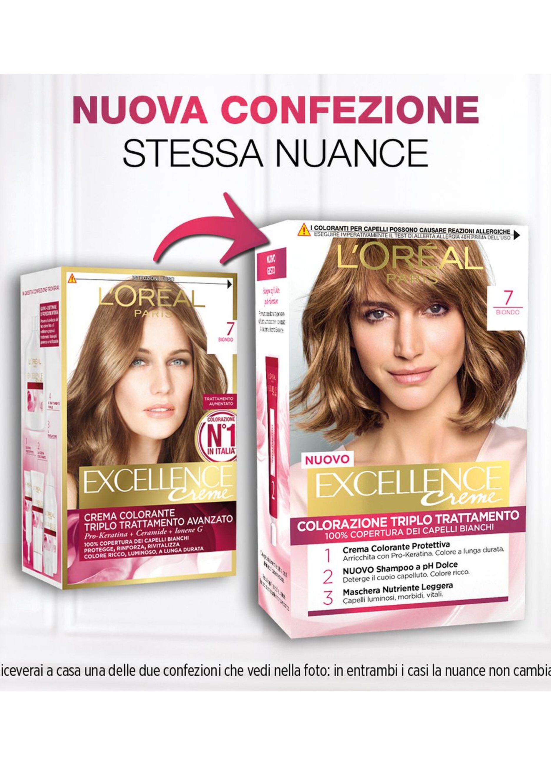L'OrÃ©al Paris Tinta Capelli Excellence, Copre i capelli bianchi, colore ricco, luminoso e a lunga durata, 7 Biondo.