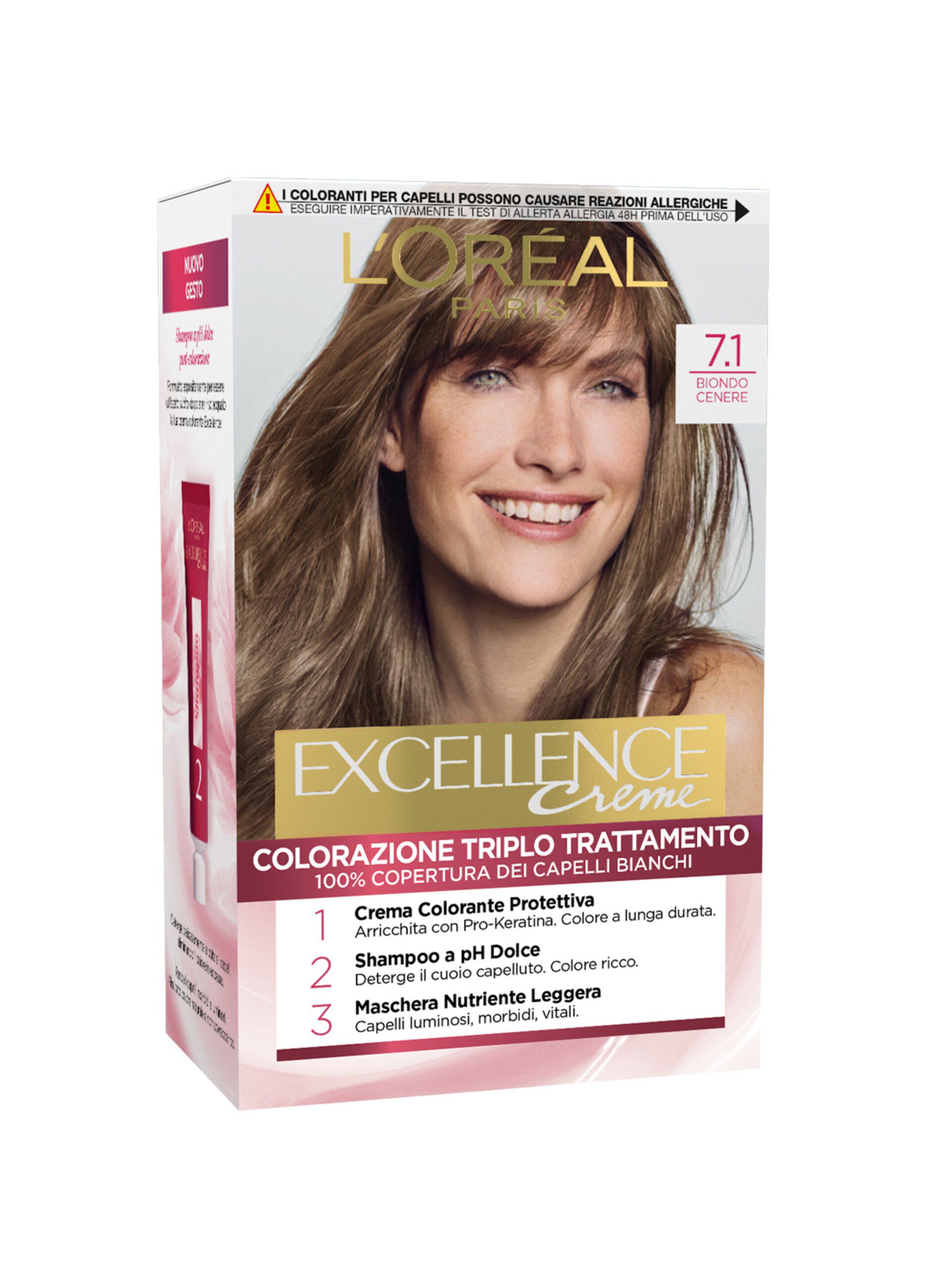 L'OrÃ©al Paris Tinta Capelli Excellence, Copre i capelli bianchi, colore ricco, luminoso e a lunga durata, 7.1 Biondo Cenere.