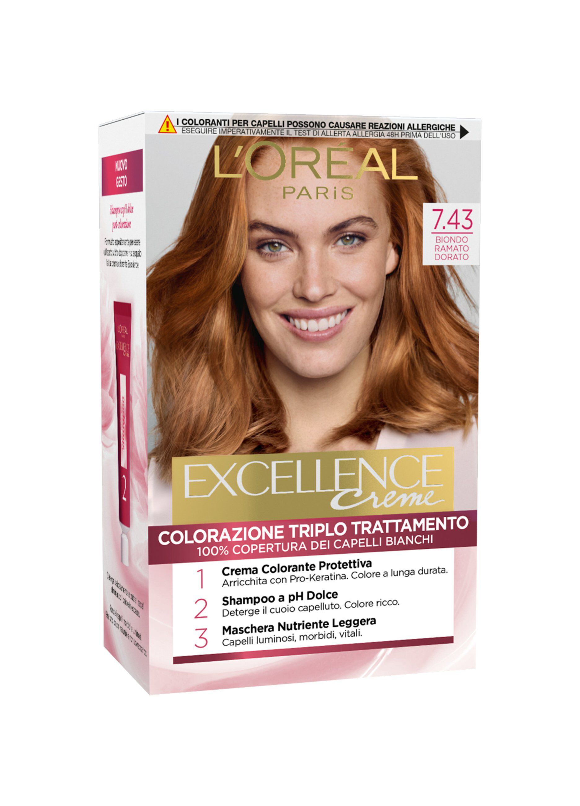 L'OrÃ©al Paris Tinta Capelli Excellence, Copre i capelli bianchi, colore ricco, luminoso e a lunga durata, 7.43 Biondo Ramato Dorato.