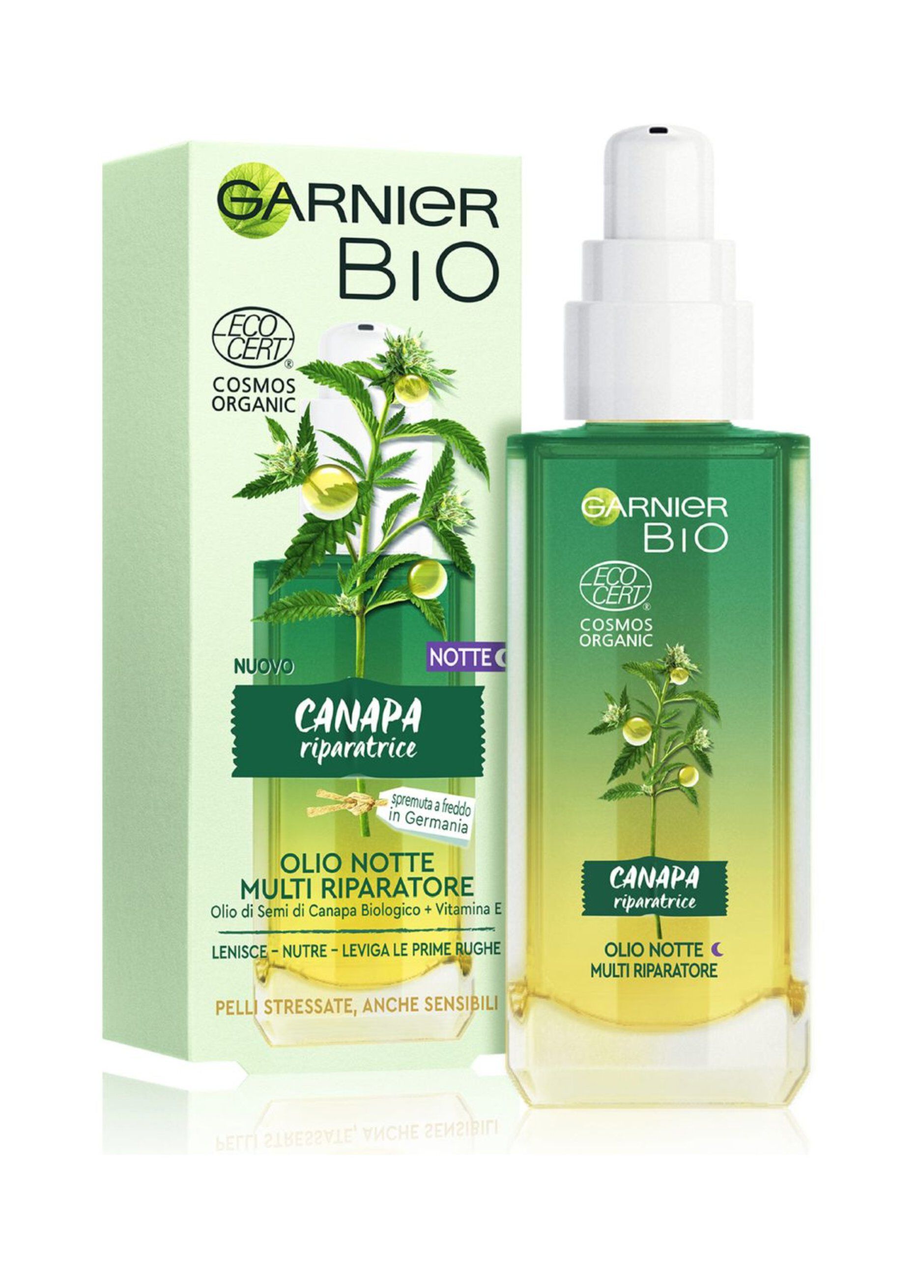 Garnier Olio viso notte Bio, Olio Notte multi riparatore con Olio di Semi di Canapa Biologico e Vitamina E, per pelli stressate, anche sensibili e prime rughe, 30 ml.