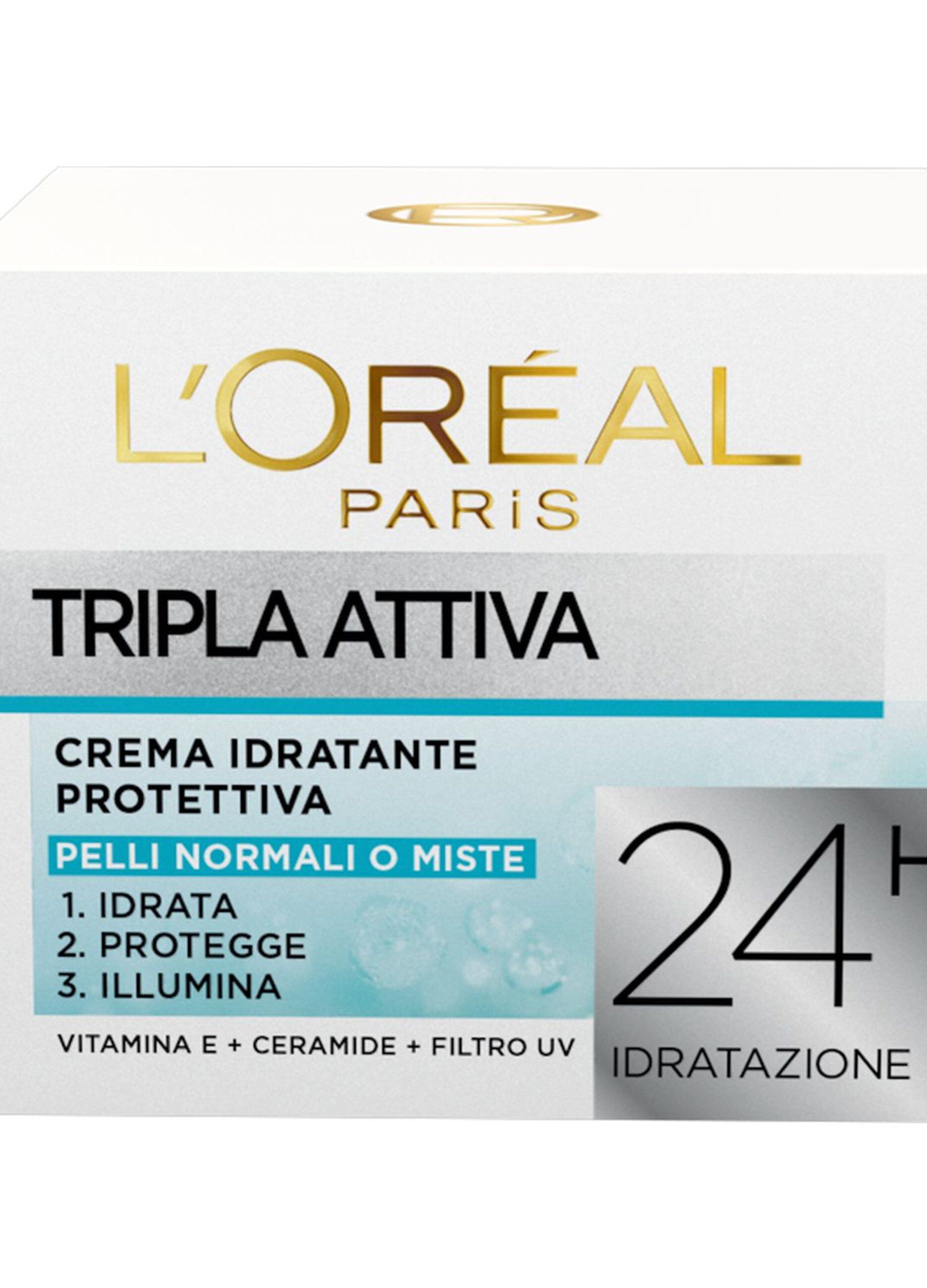 L'OrÃ©al Paris Crema Idratante Viso Tripla Attiva, Idrata, Protegge e Illumina, per Pelli Normali e Miste, 50 ml.