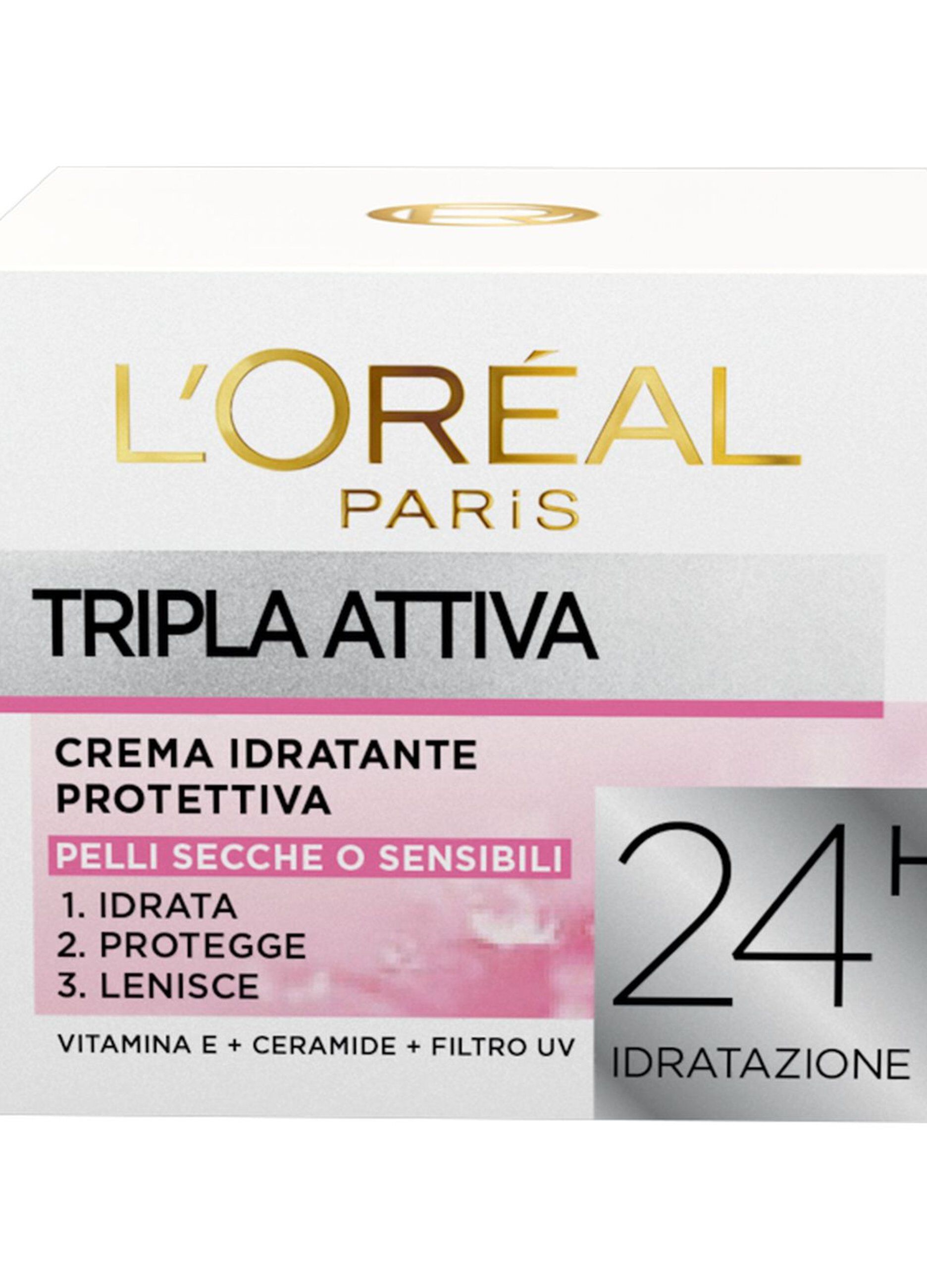 L'OrÃ©al Paris Crema Idratante Viso Tripla Attiva, Idrata, Protegge e Lenisce la Pelle, per Pelli Secche e Sensibili, 50 ml.