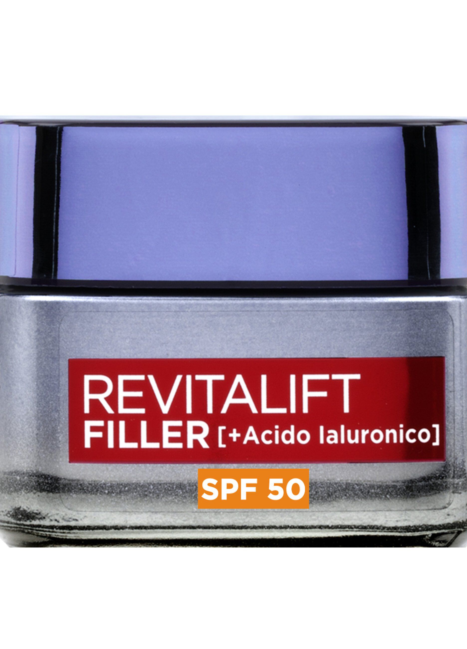 L'OrÃ©al Paris Crema Viso Giorno Revitalift Filler, Azione Antirughe Rivolumizzante con Acido Ialuronico Micro-filler, SPF 50, 50 ml.