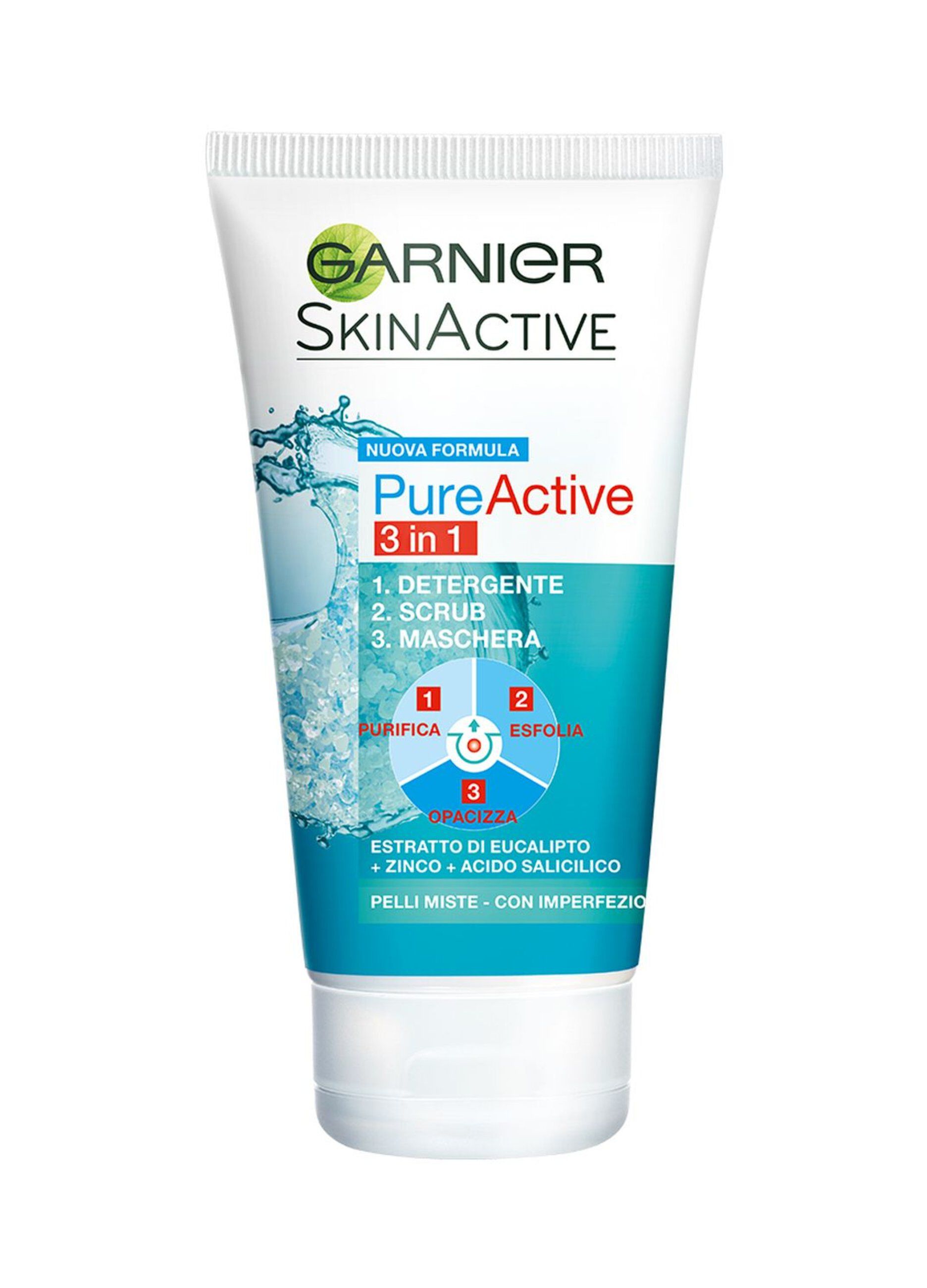 Garnier Detergente Pure Active, Azione 3in1, Detergente + scrub + maschera per pelli grasse o con imperfezioni, 150 ml.