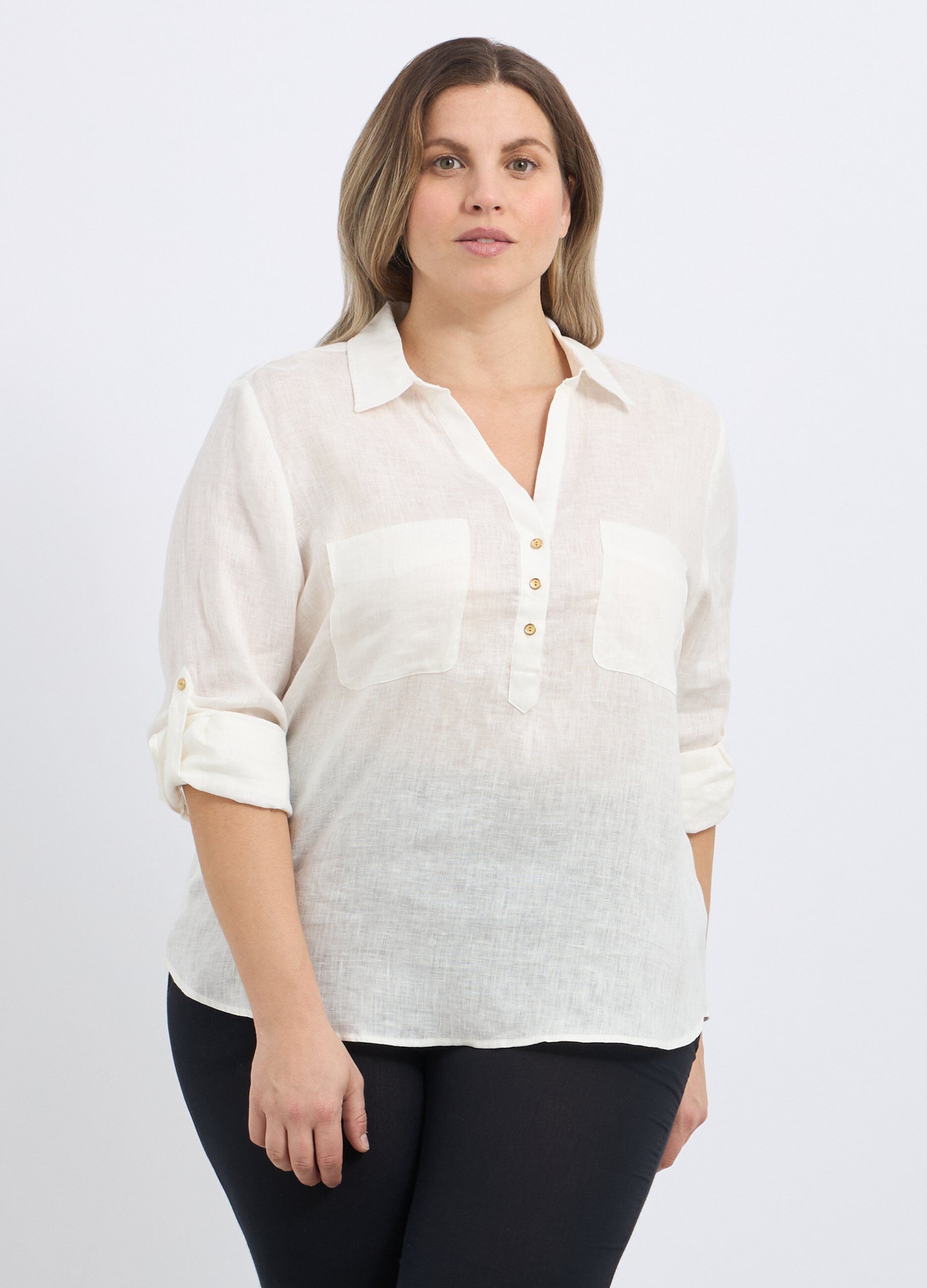 Blusa in puro lino con tasche donna curvy