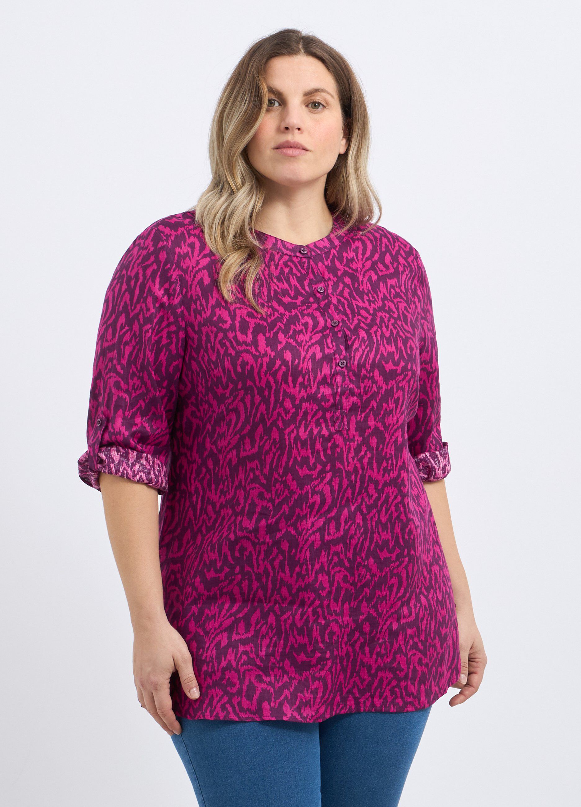 Blusa in puro lino con stampa donna curvy