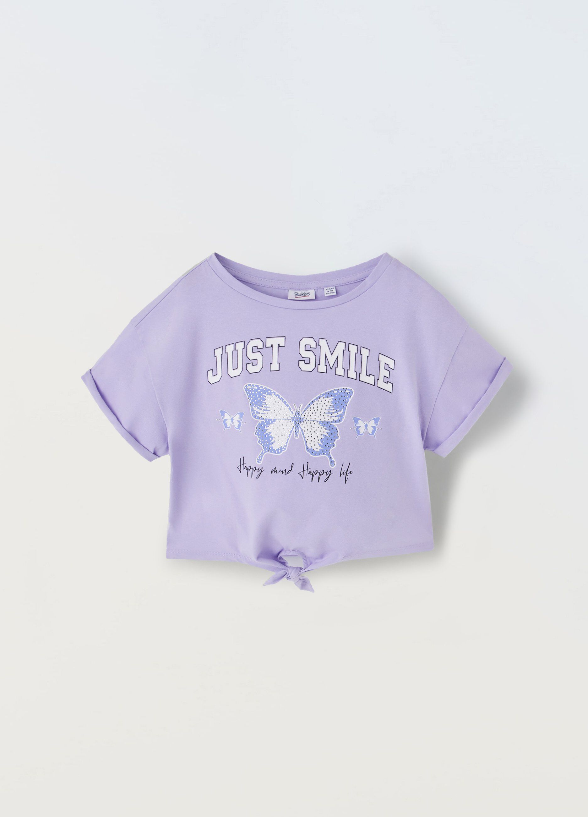 T-shirt in puro cotone con strass e nodo ragazza