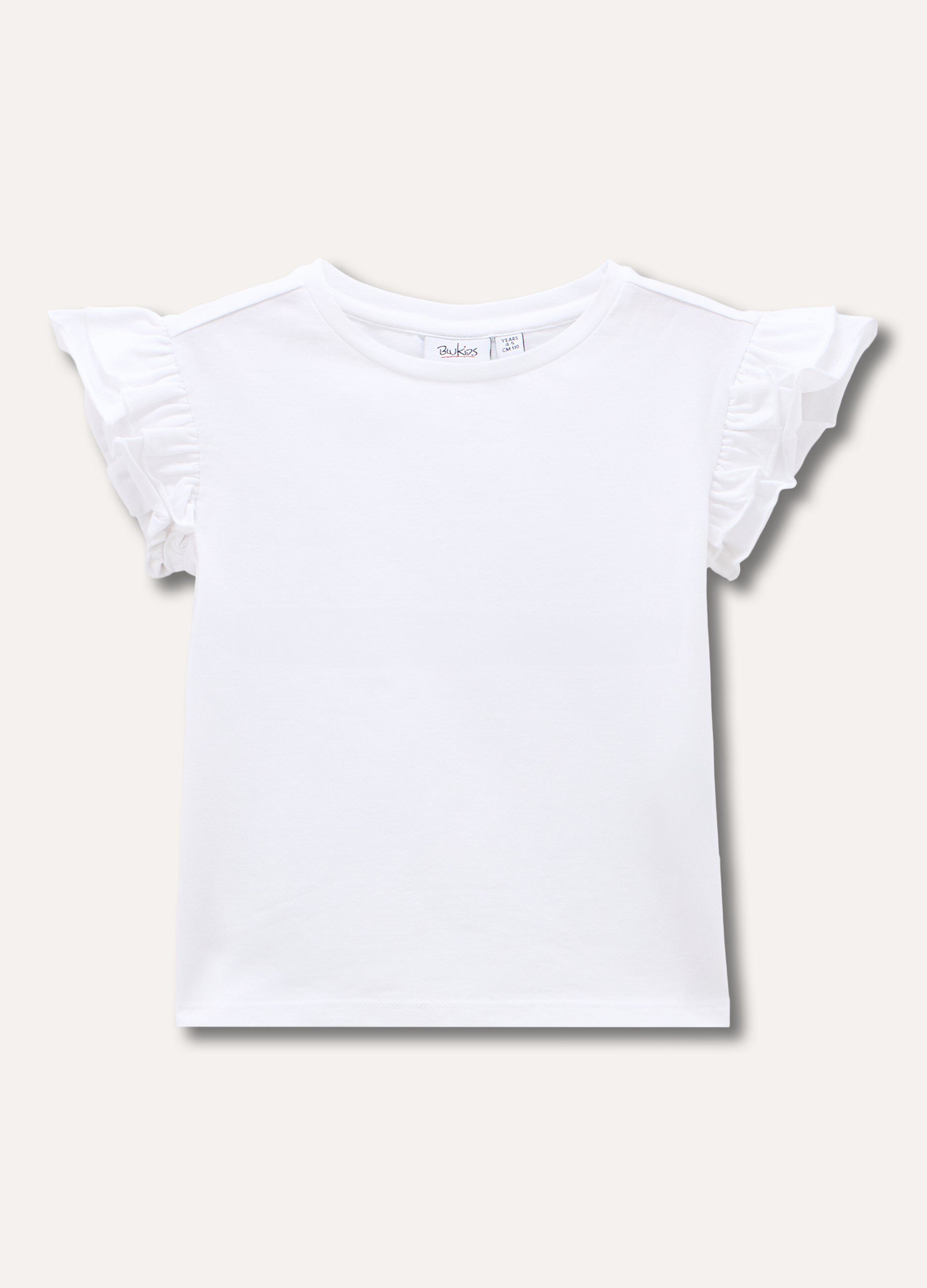 T-shirt in cotone stretch con rouches su manica bambina