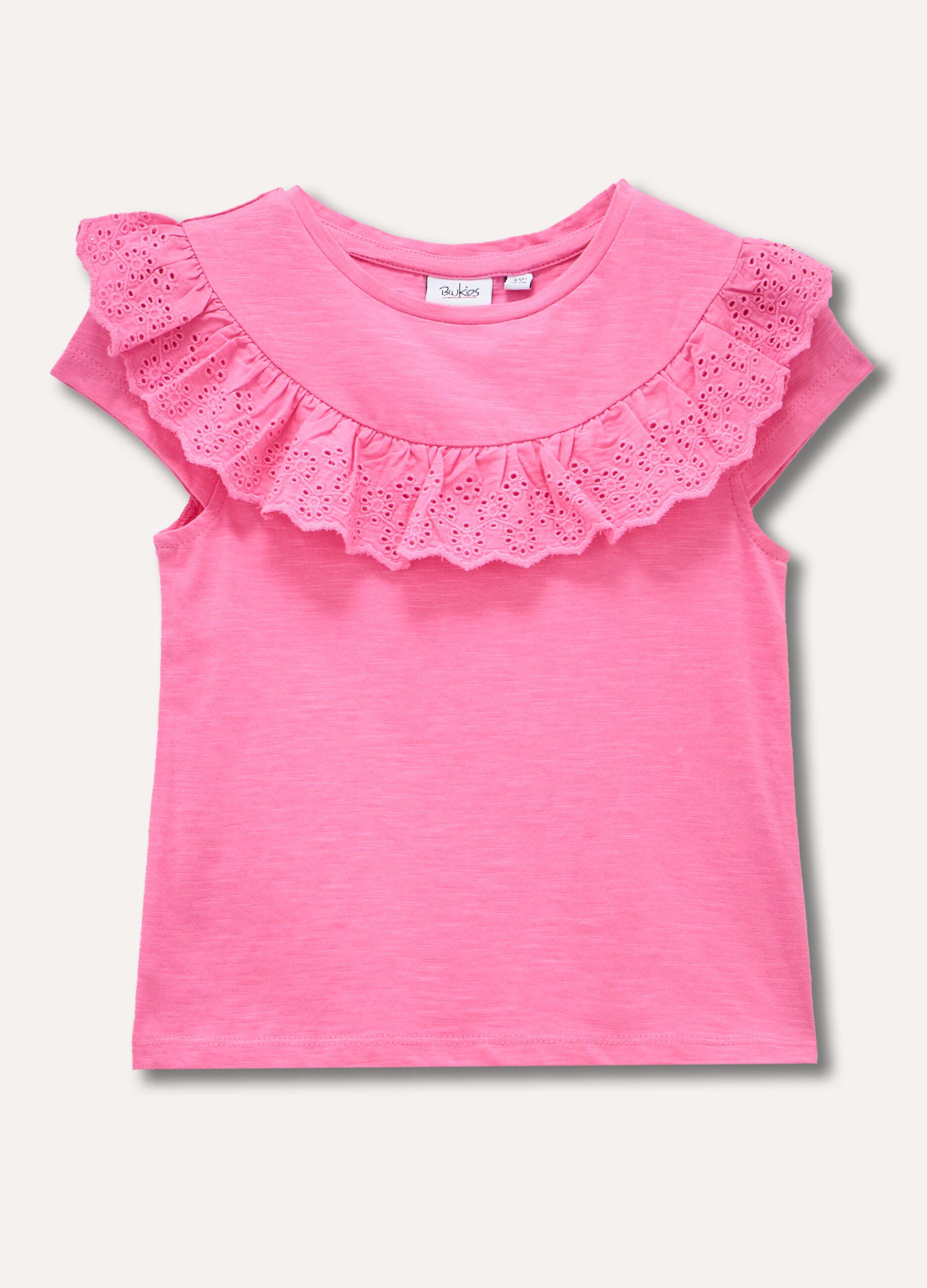 T-shirt in puro cotone con rouches in sangallo bambina