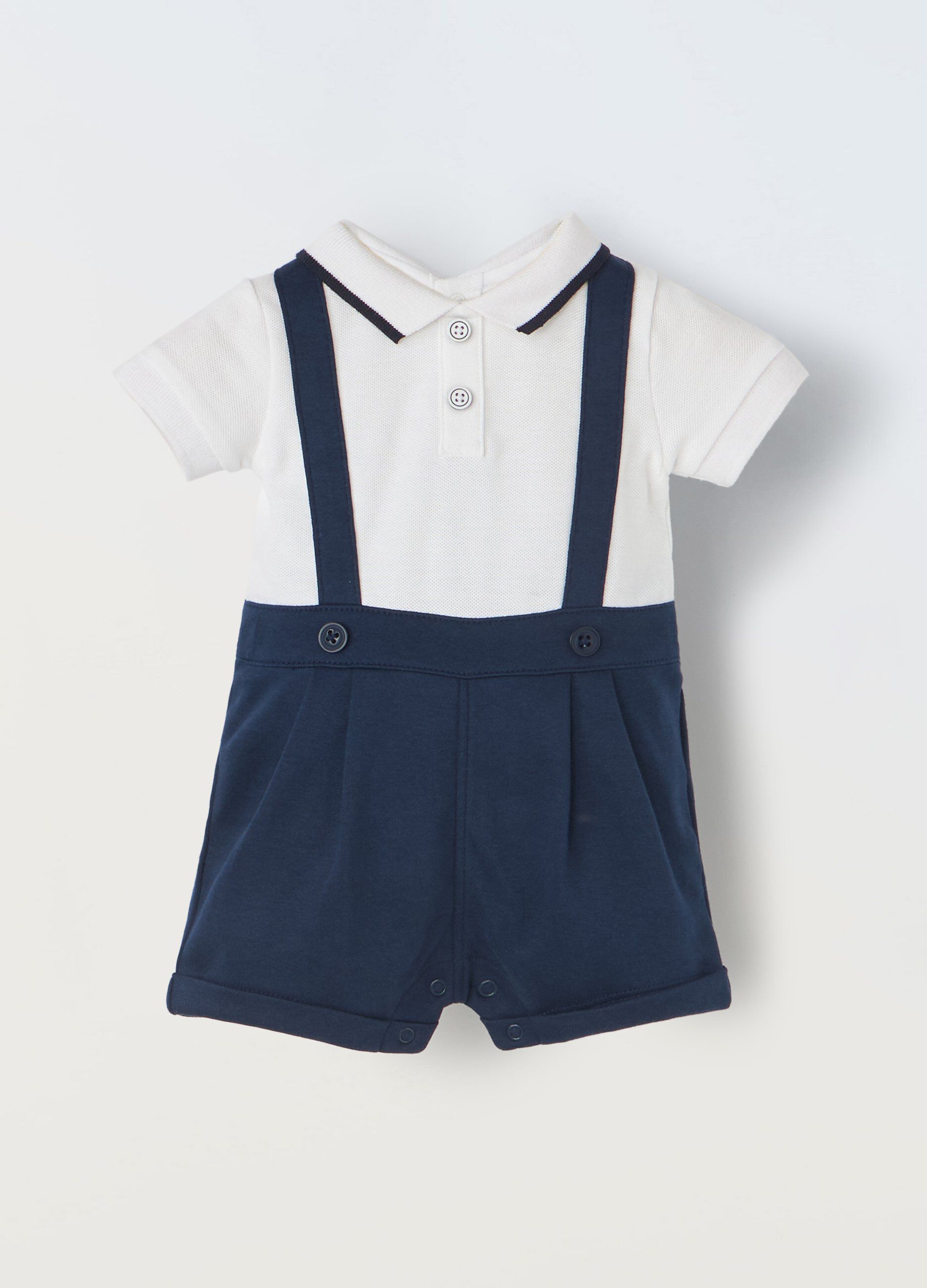 Tutina con polo in puro cotone piquet e salopette neonato