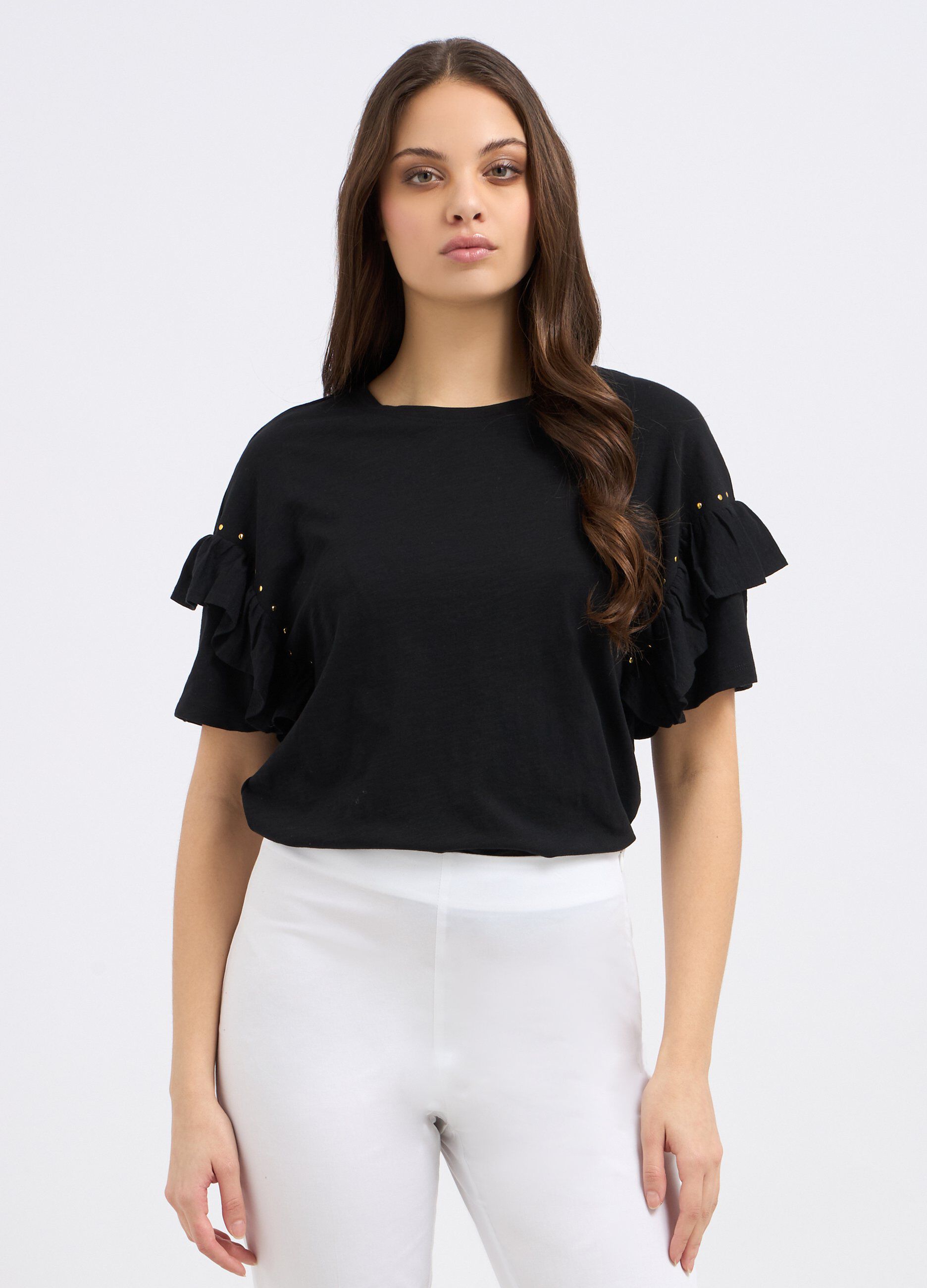 T-shirt in puro cotone con rouches e strass donna