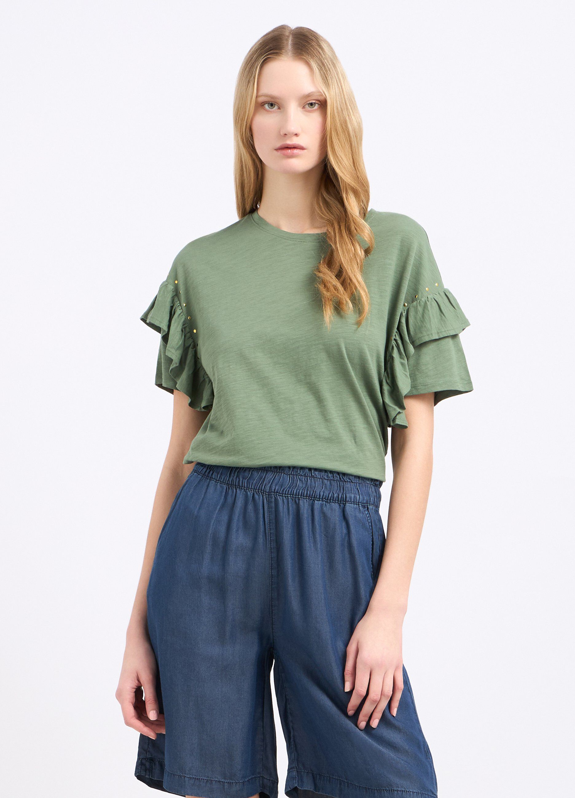 T-shirt in puro cotone con rouches e strass donna