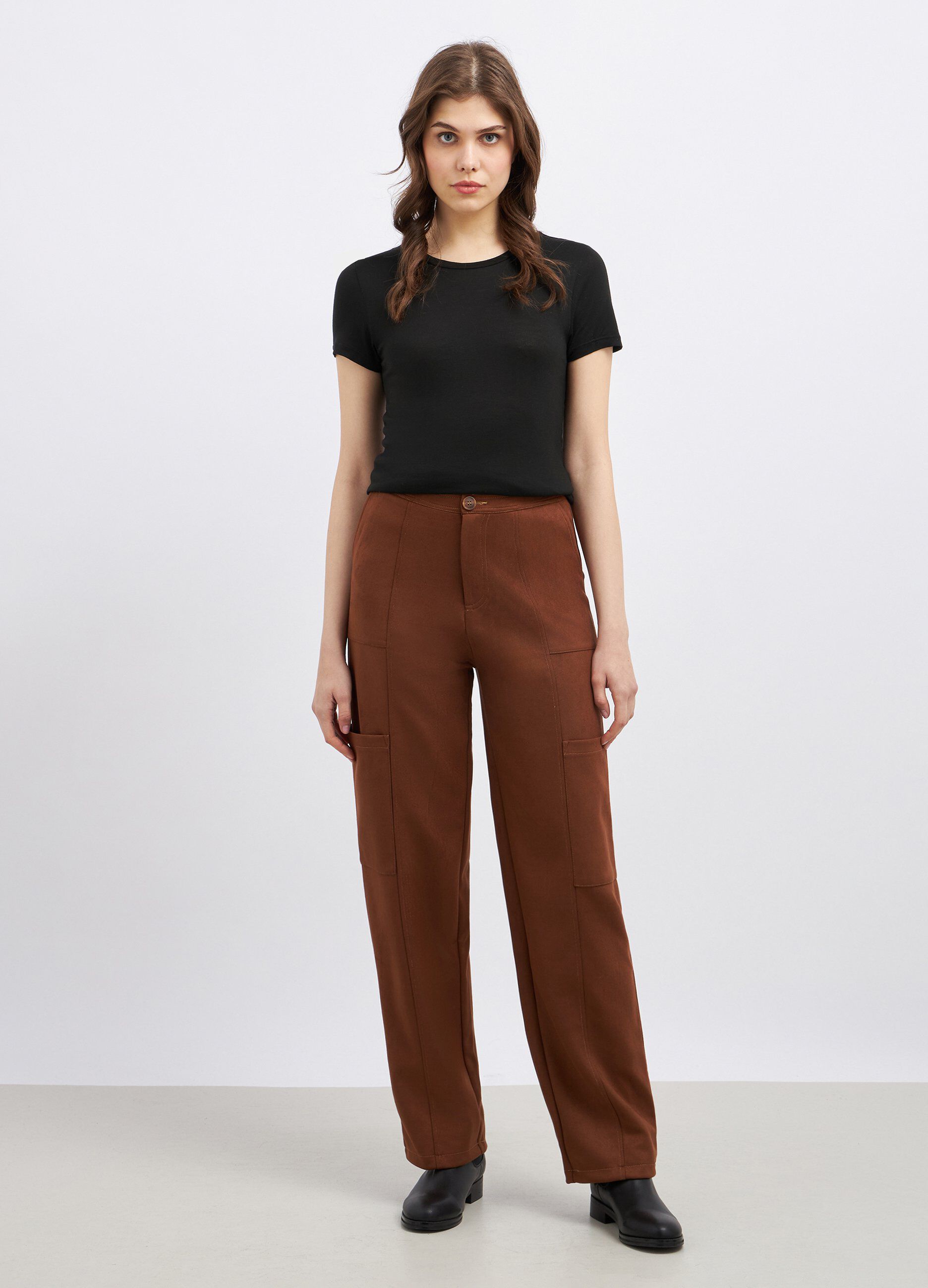 Pantaloni wide leg effetto scamosciato donna