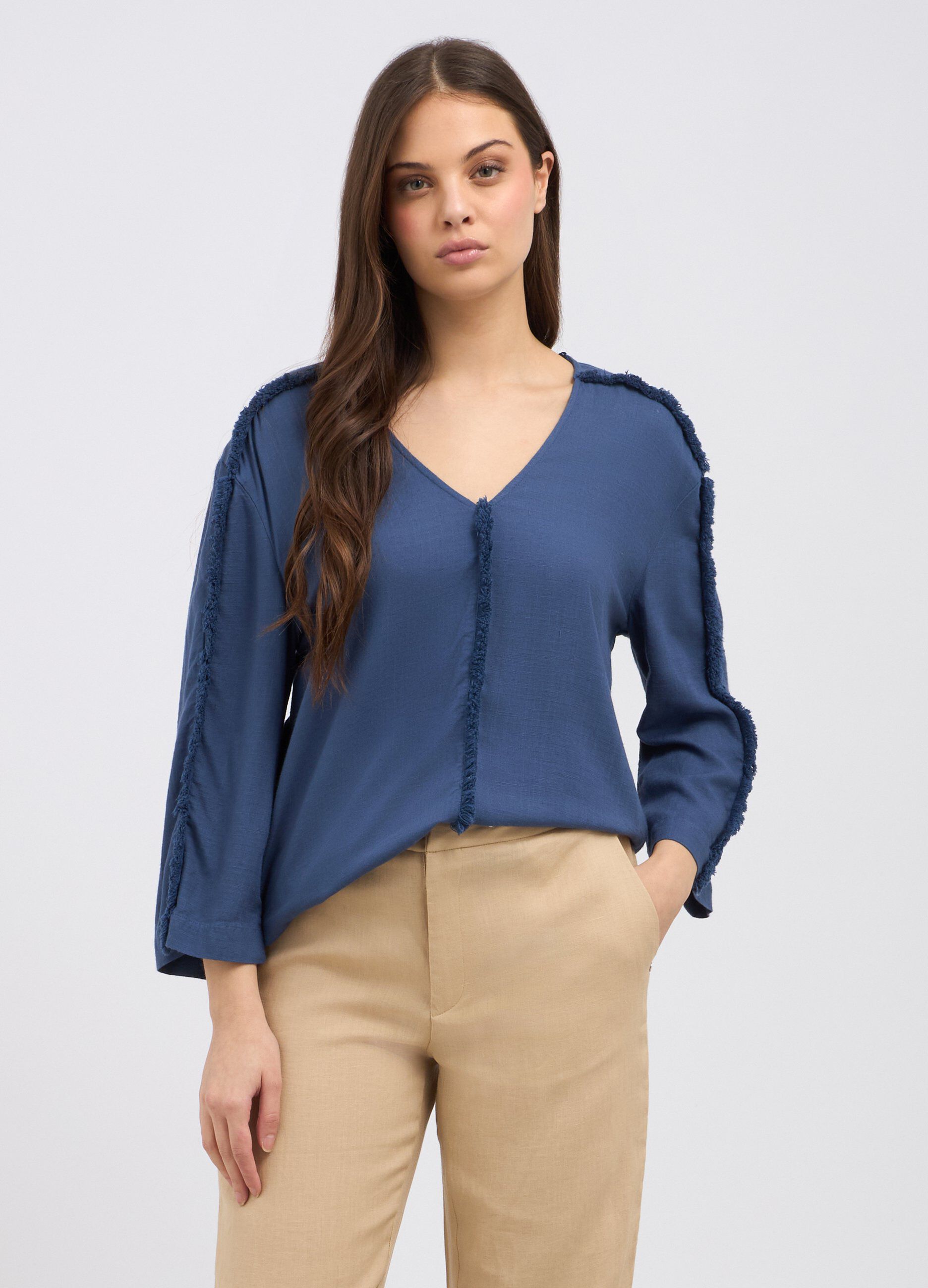 Blusa in misto lino sfrangiata donna