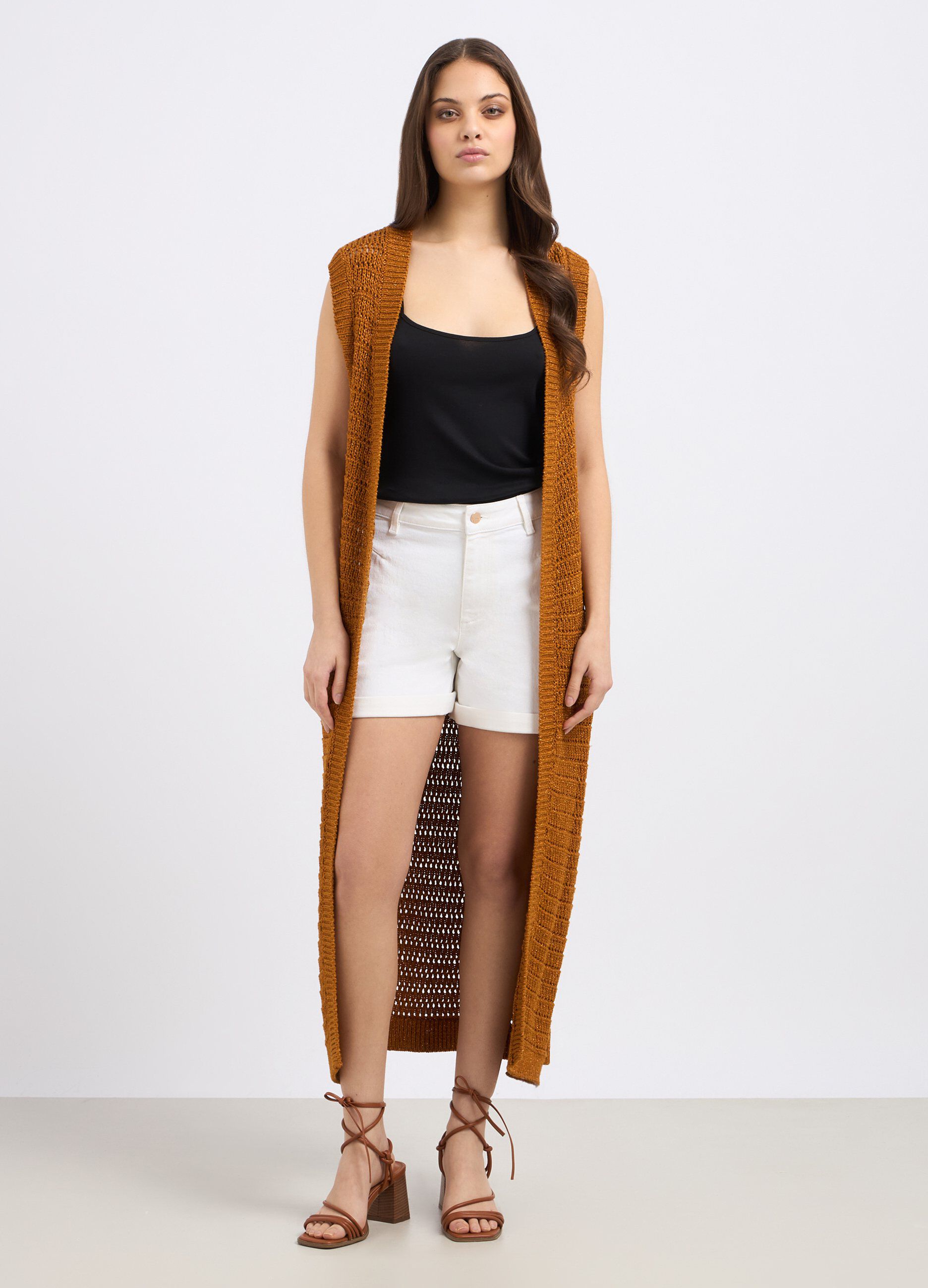 Cardigan tricot lungo in viscosa e filo lurex donna