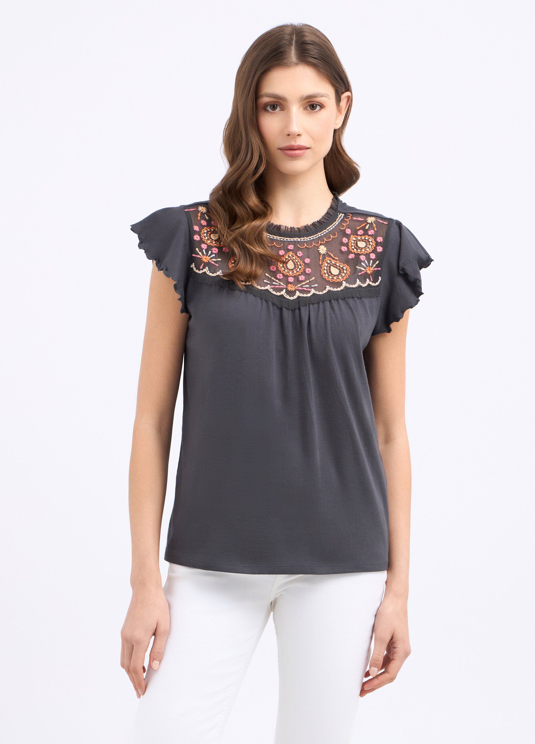 T-shirt con inserto ricamato in puro cotone donna