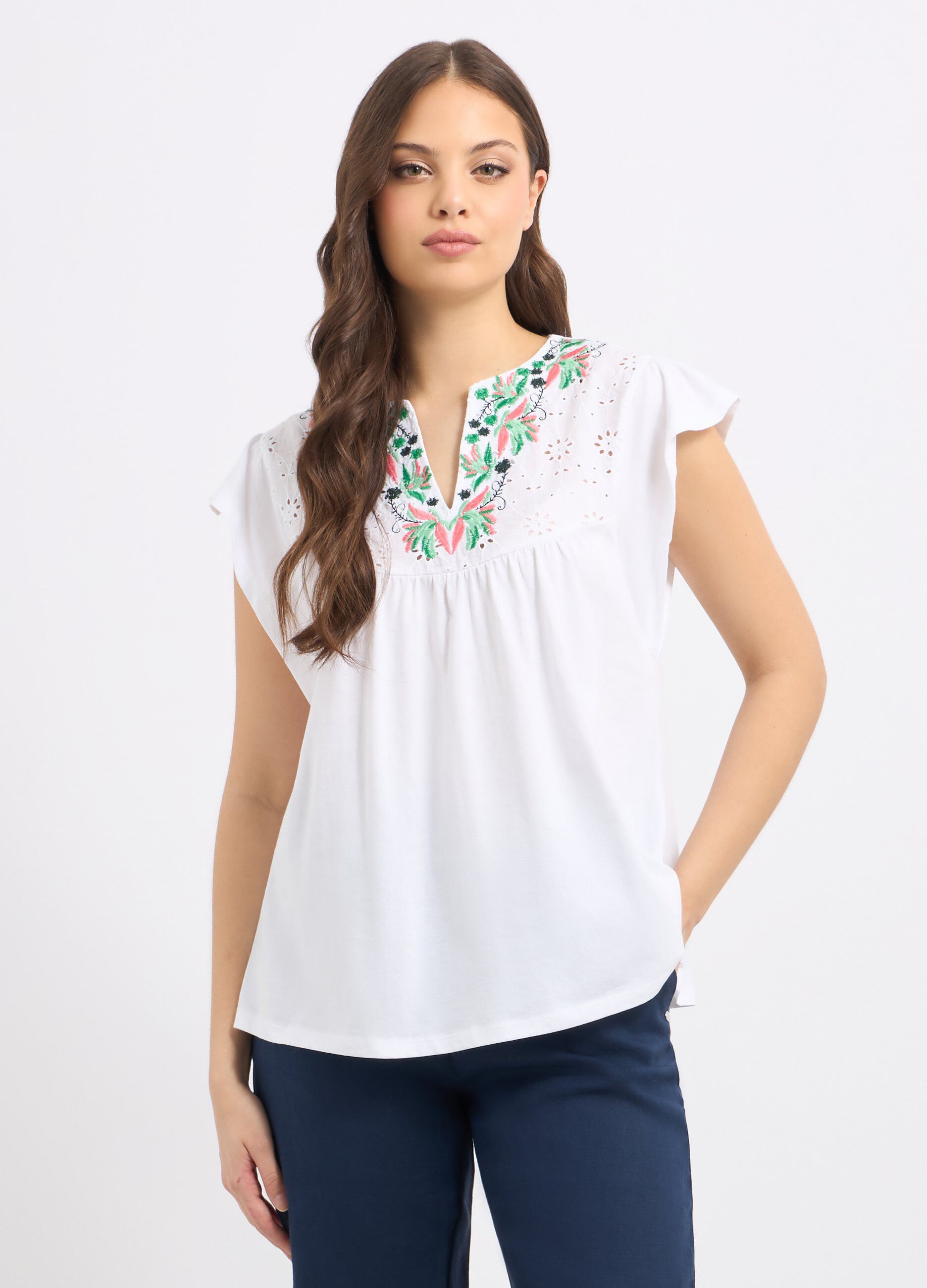 T-shirt in puro cotone con inserto in sangallo donna