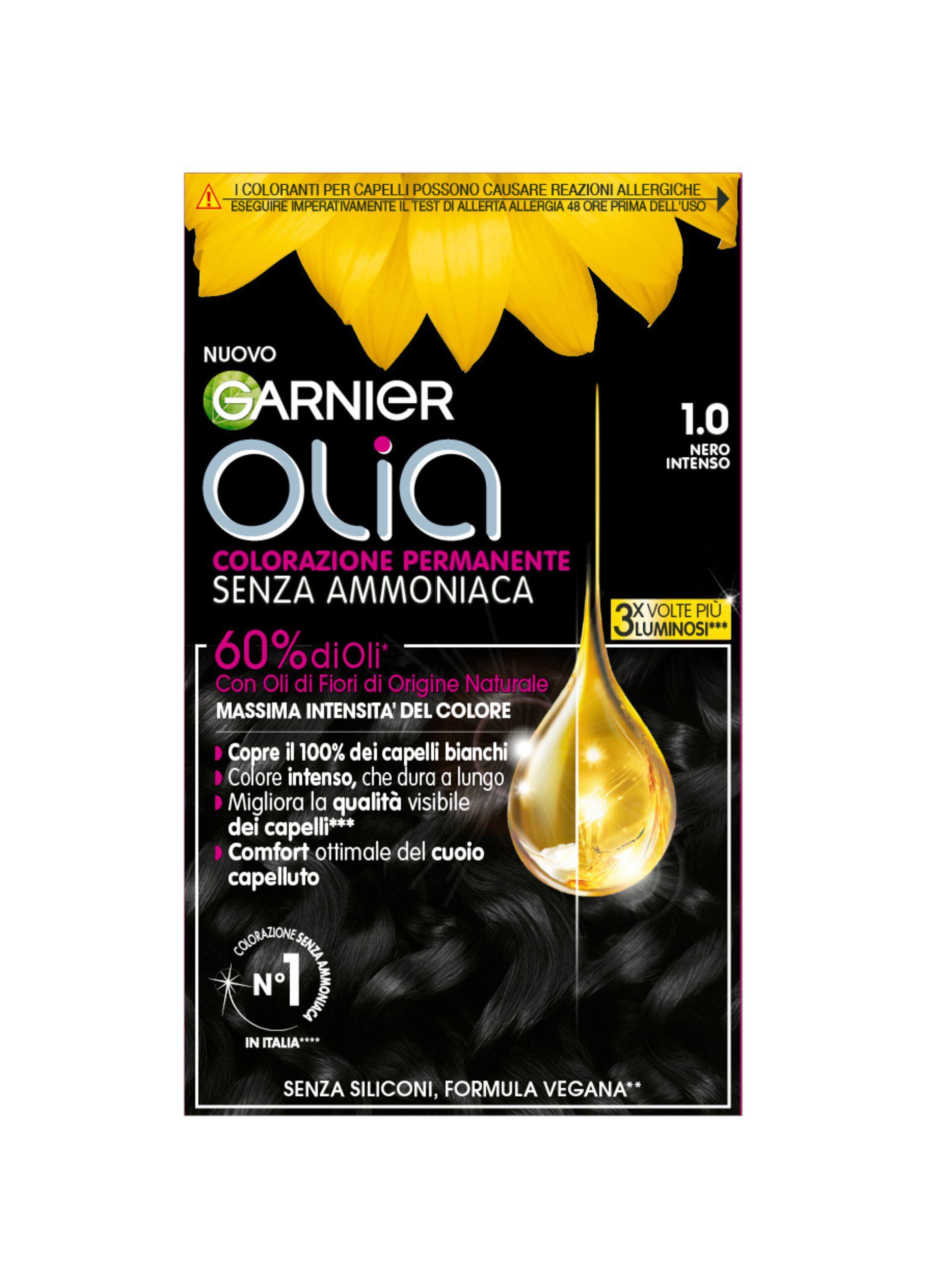 Garnier Tinta Capelli Olia, Colorazione permanente senza ammoniaca per una fragranza delicata, copre il 100% dei capelli bianchi, Con oli di fiori di origine naturale, Nero Intenso (1.0).