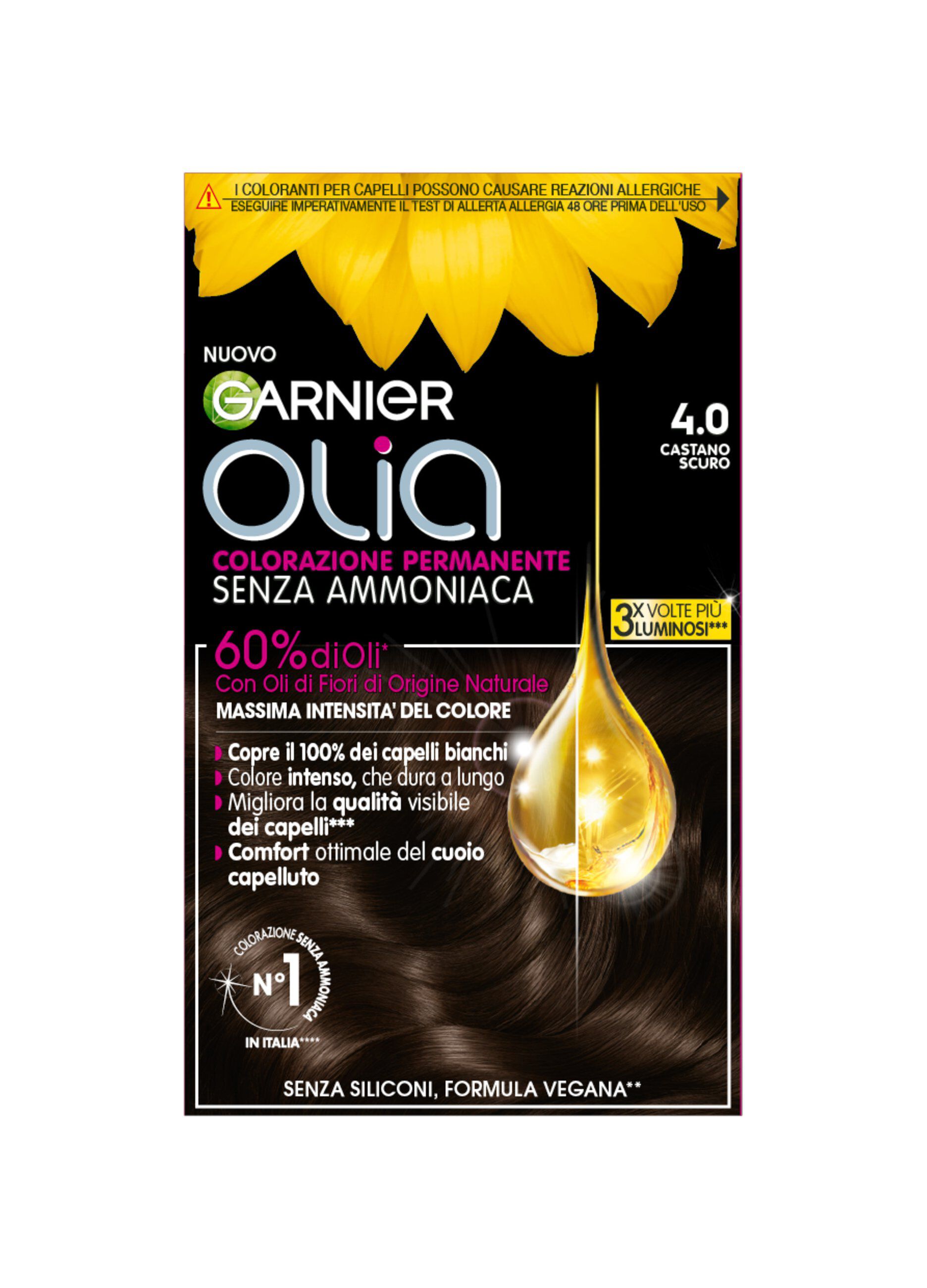 Garnier Tinta Capelli Olia, Colorazione permanente senza ammoniaca per una fragranza delicata, copre il 100% dei capelli bianchi, Con oli di fiori di origine naturale, Castano Scuro (4.0).