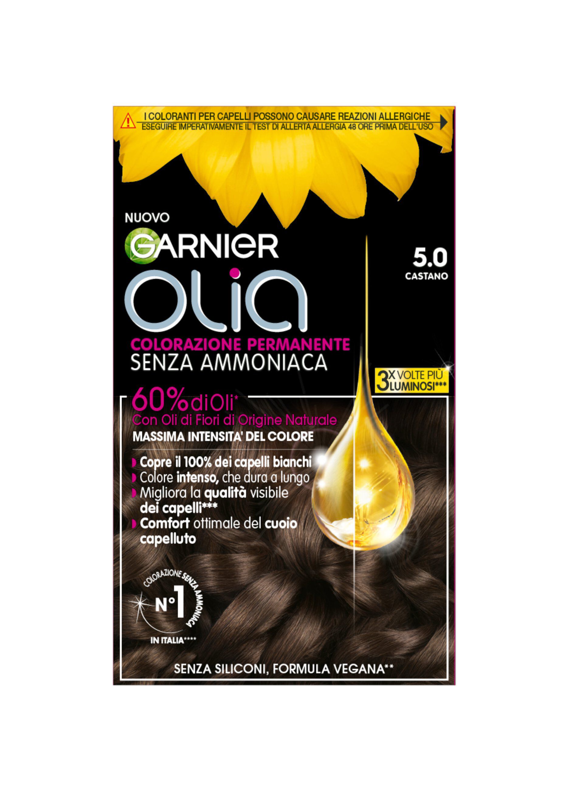Garnier Tinta Capelli Olia, Colorazione permanente senza ammoniaca per una fragranza delicata, copre il 100% dei capelli bianchi, Con oli di fiori di origine naturale, Castano (5.0).