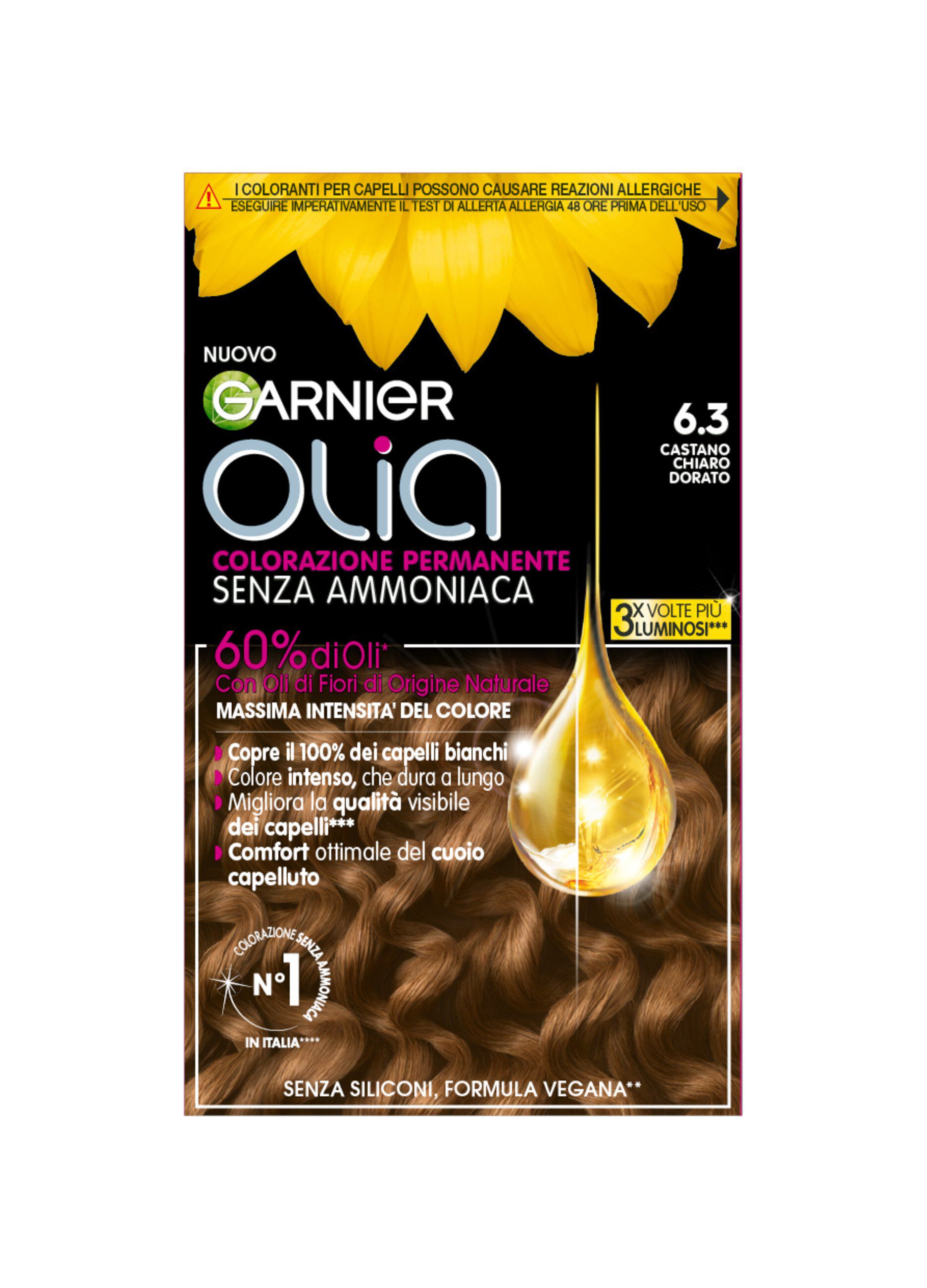 Garnier Tinta Capelli Olia, Colorazione permanente senza ammoniaca per una fragranza delicata, copre il 100% dei capelli bianchi, Con oli di fiori di origine naturale, Castano Chiaro Dorato (6.3).