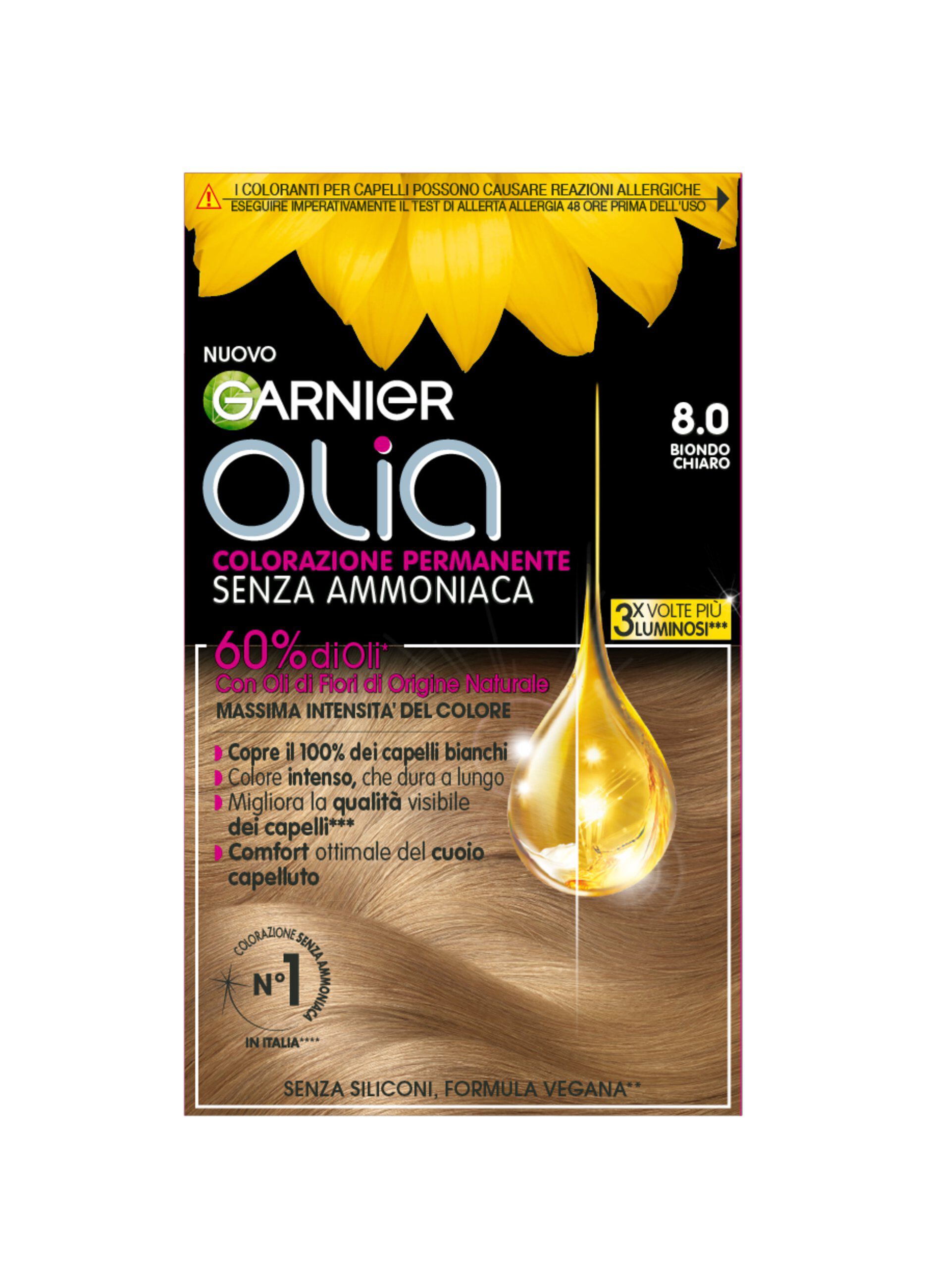 Garnier Tinta Capelli Olia, Colorazione permanente senza ammoniaca, copre il 100% dei capelli bianchi, Con oli di fiori di origine naturale, Biondo Chiaro (8.0).