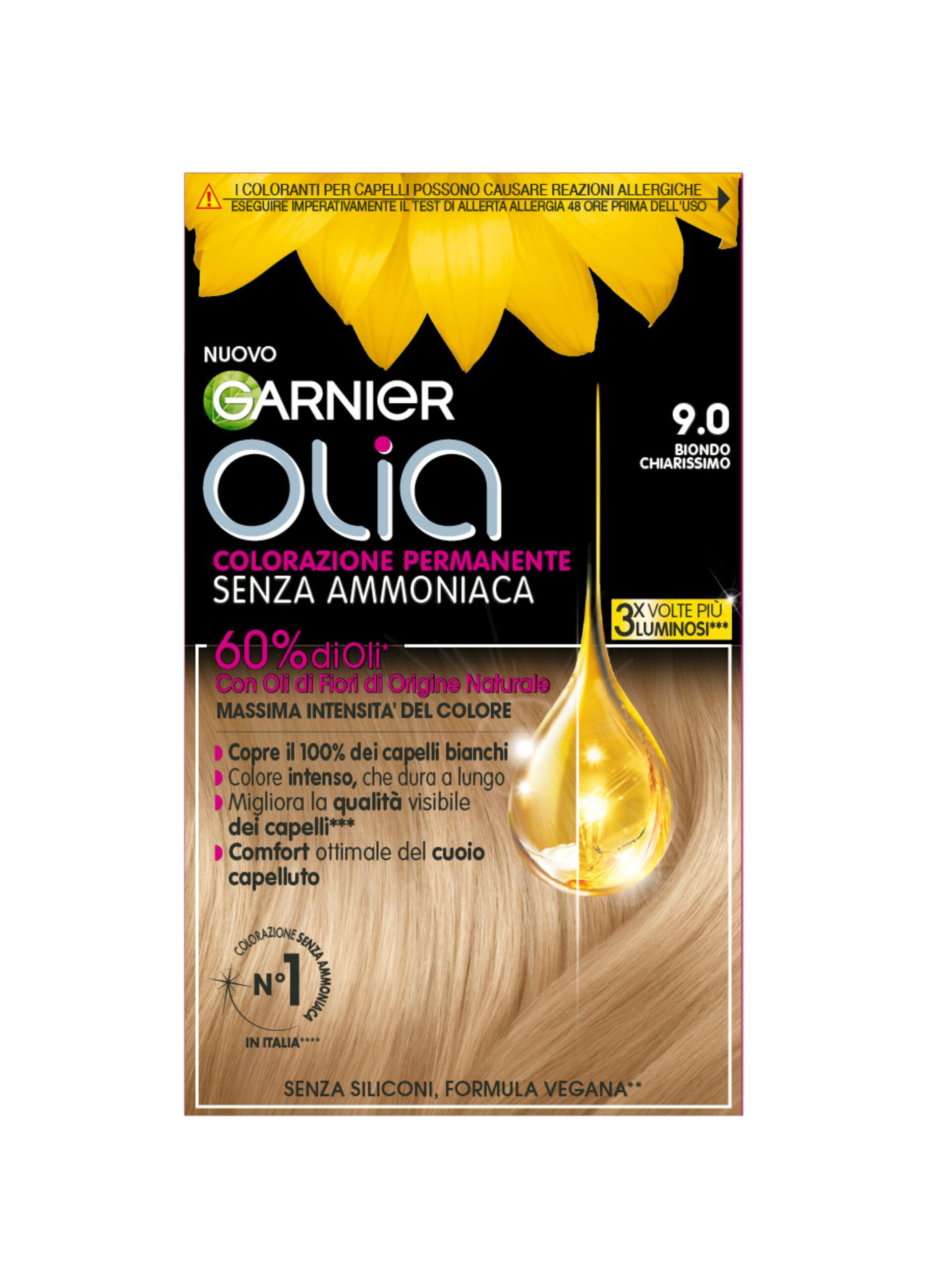 Garnier Tinta Capelli Olia, Colorazione permanente senza ammoniaca per una fragranza delicata, copre il 100% dei capelli bianchi, Con oli di fiori di origine naturale, Biondo Chiarissimo (9.0).
