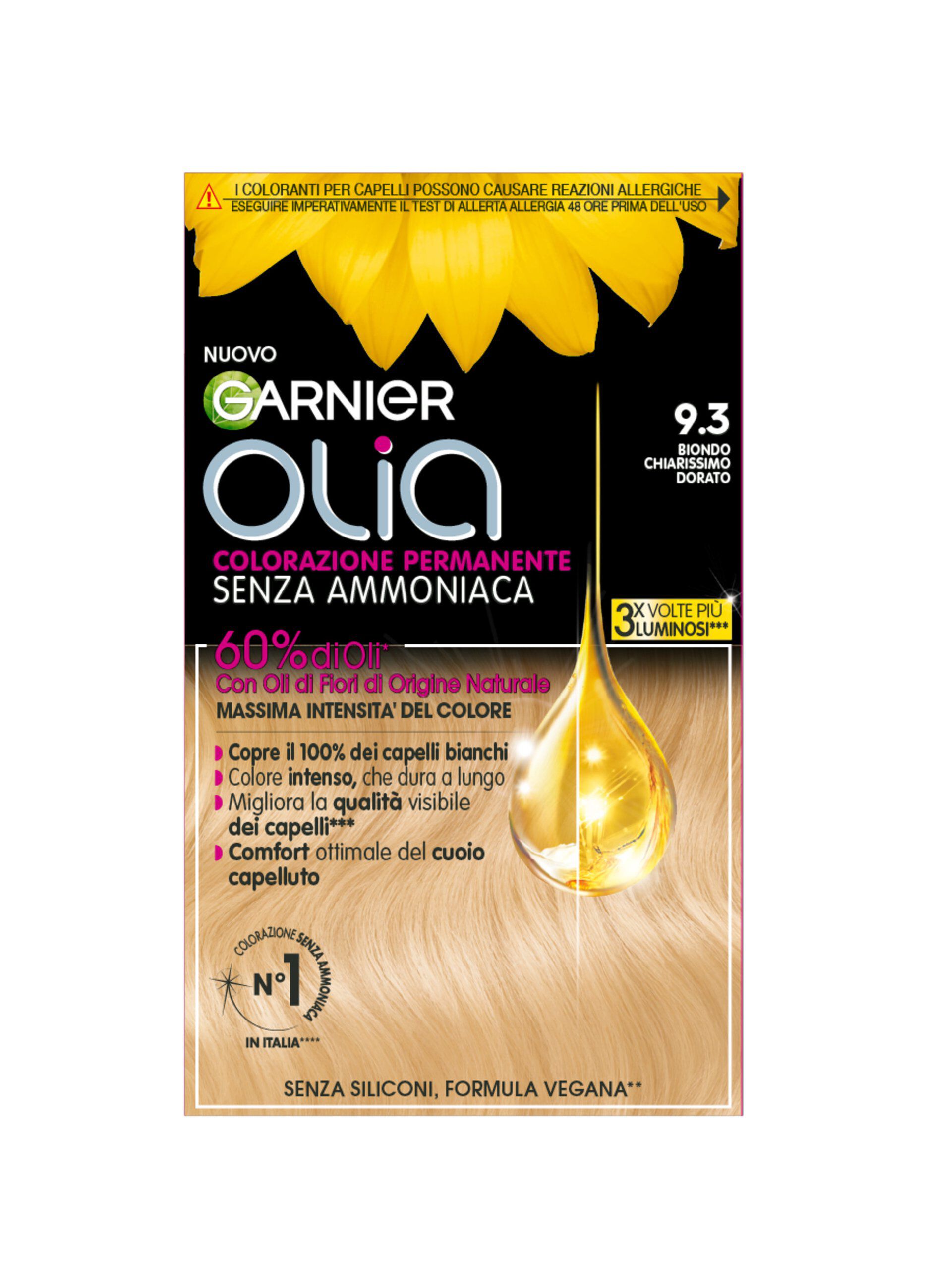 Garnier Tinta Capelli Olia, Colorazione permanente senza ammoniaca per una fragranza delicata, copre il 100% dei capelli bianchi, Con oli di fiori di origine naturale, Biondo Chiarissimo Dorato (9.3).