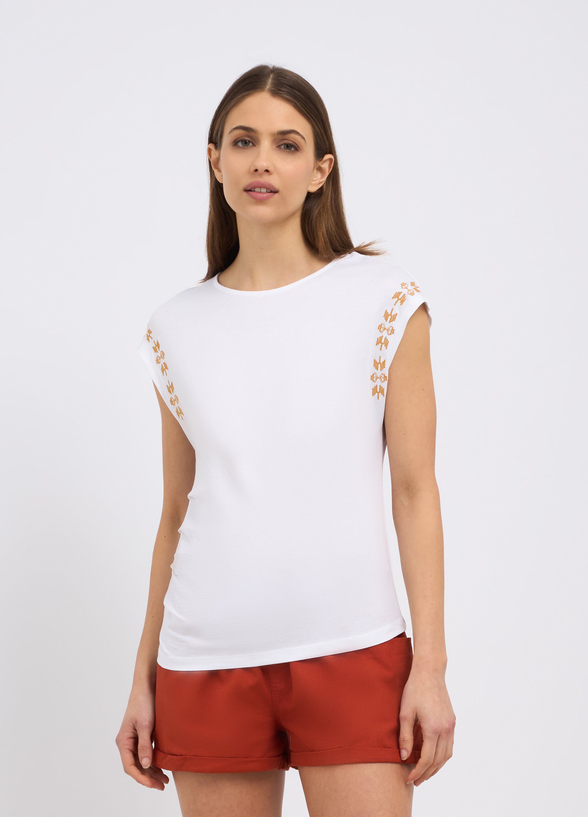 T-shirt smanicata in puro cotone donna