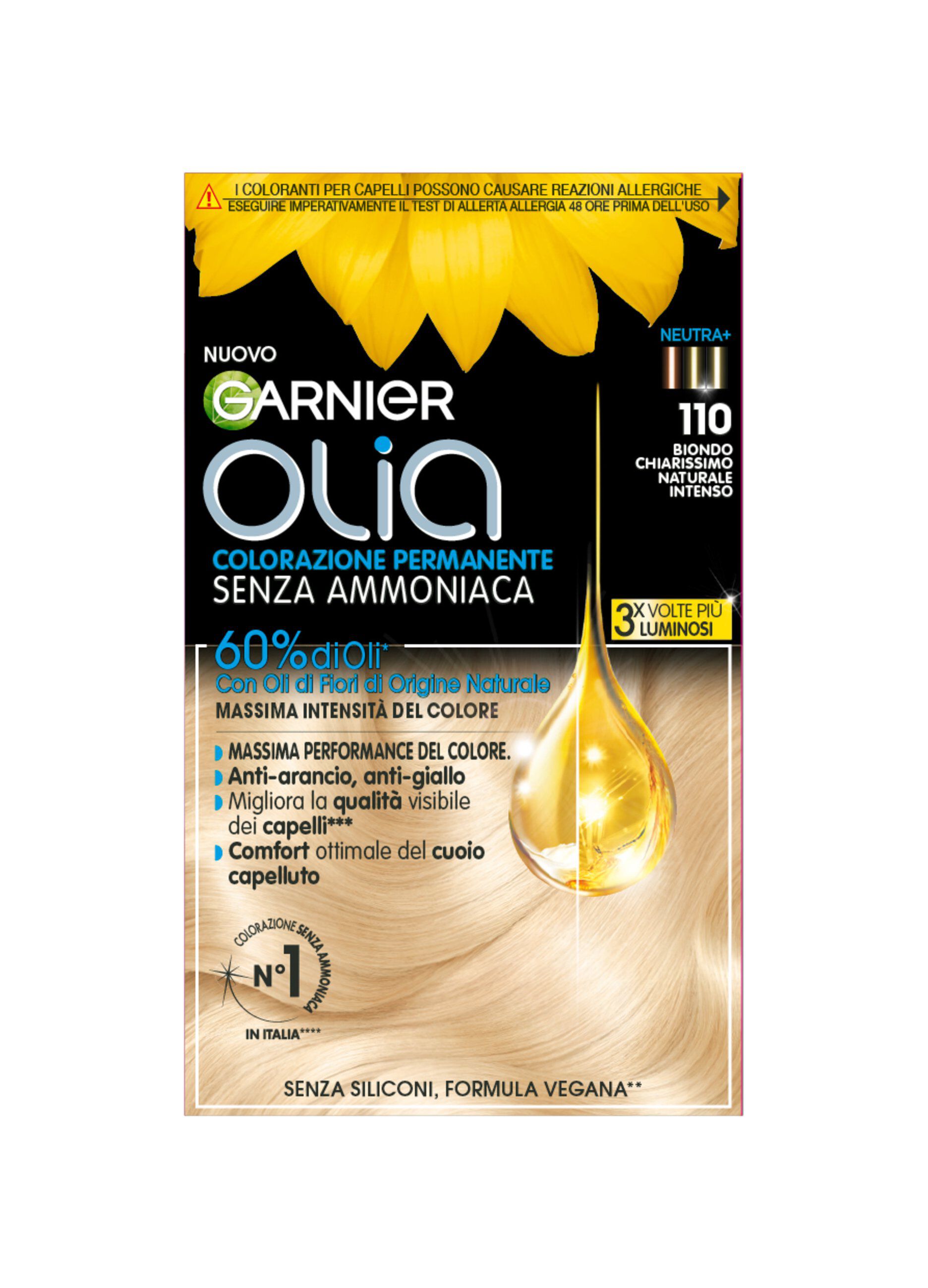 Garnier Tinta Capelli Olia, Colorazione permanente senza ammoniaca per una fragranza delicata, copre il 100% dei capelli bianchi, Con oli di fiori di origine naturale, Biondo Chiarissimo Naturale Intenso (110).