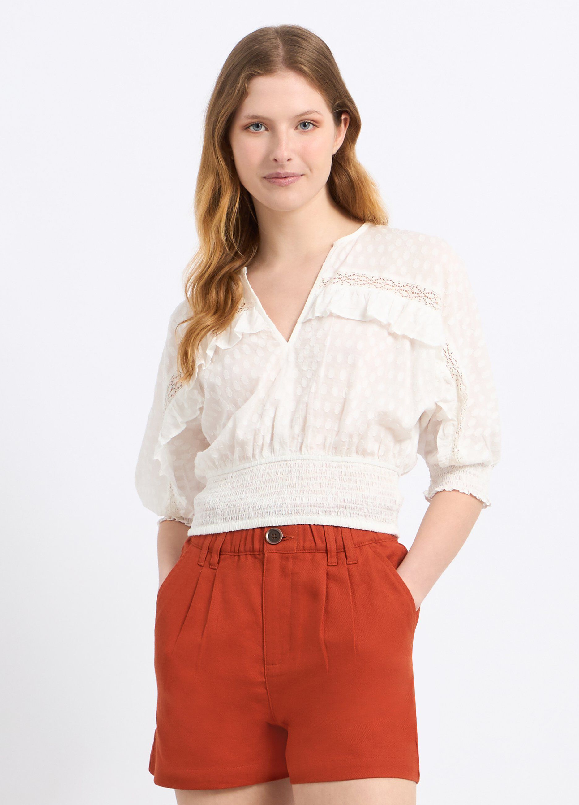Blusa cropped in puro cotone con lavorazione jacquard donna